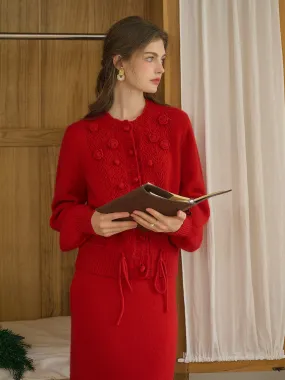 CarbonNeutral Production Maddie Round Neck Hollow 3D Flower Knitted Wool Cardigan - Red