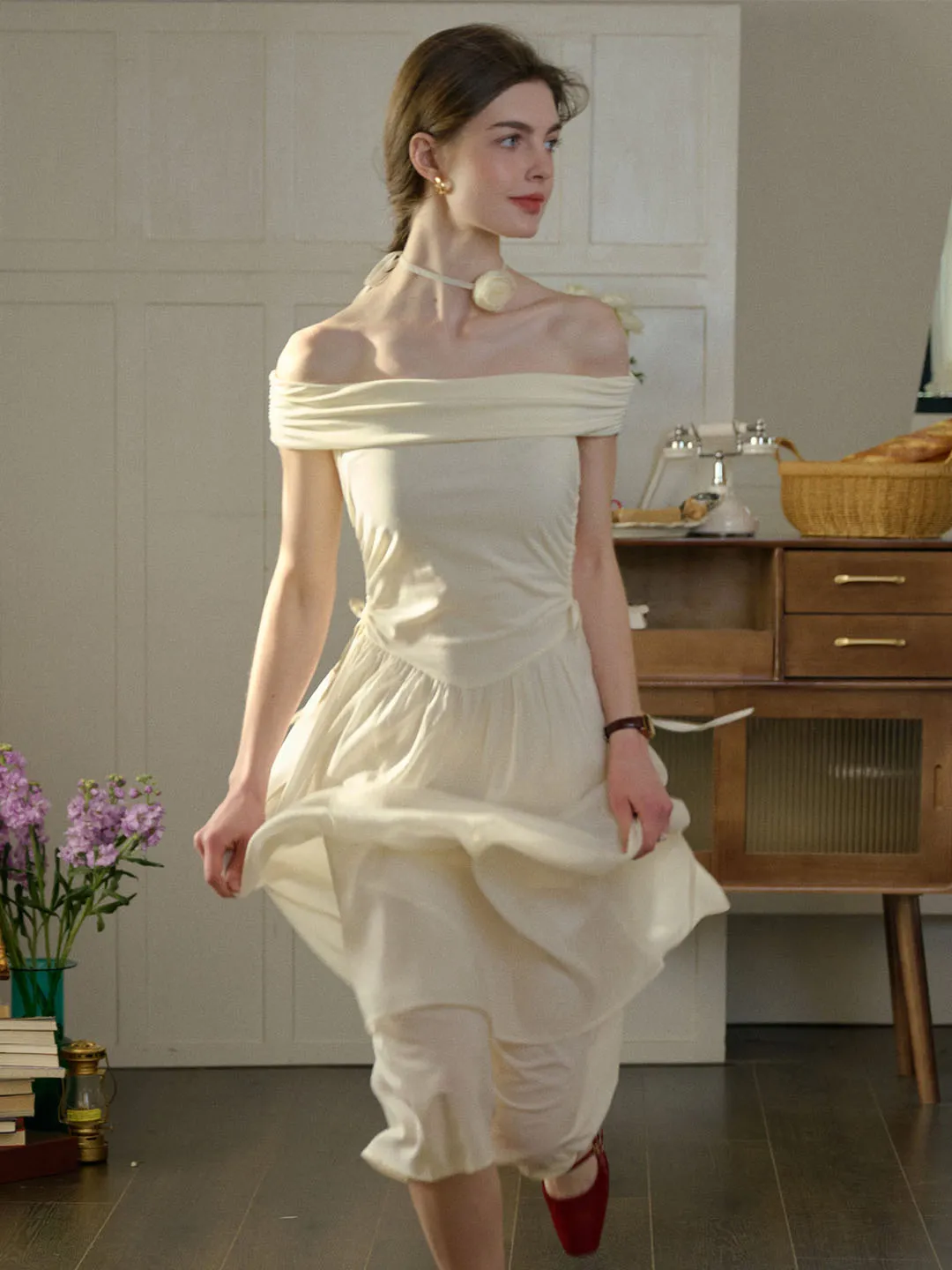 Madeleine Solid Color One Shoulder Casual Dress  (No Rose Choker) Crisp Detail Gradient Shade