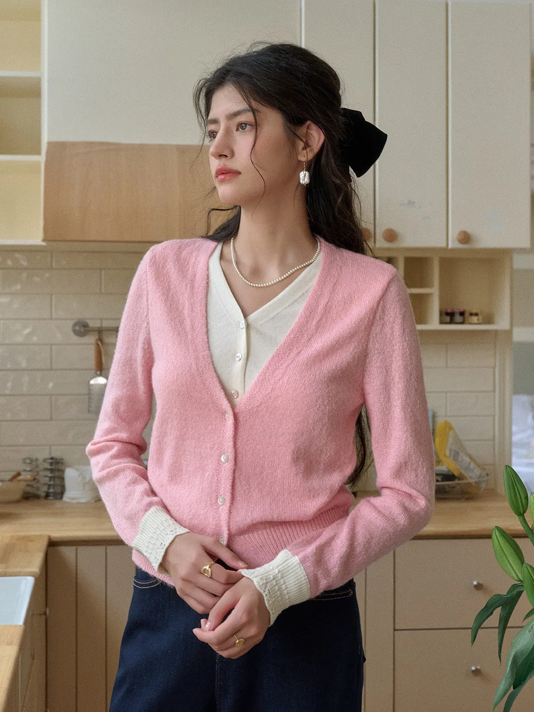 Madeleine V-Neck Faux Layered Wool Top StretchComfort Easy Care Fabric