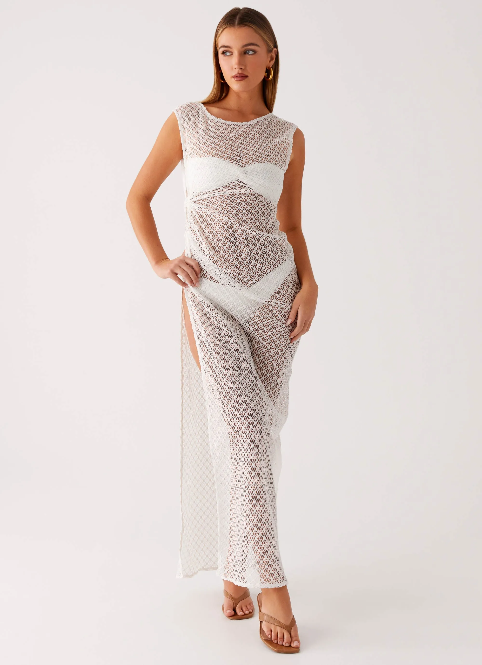 Maeva Maxi Dress - White Mesh-Sleeve