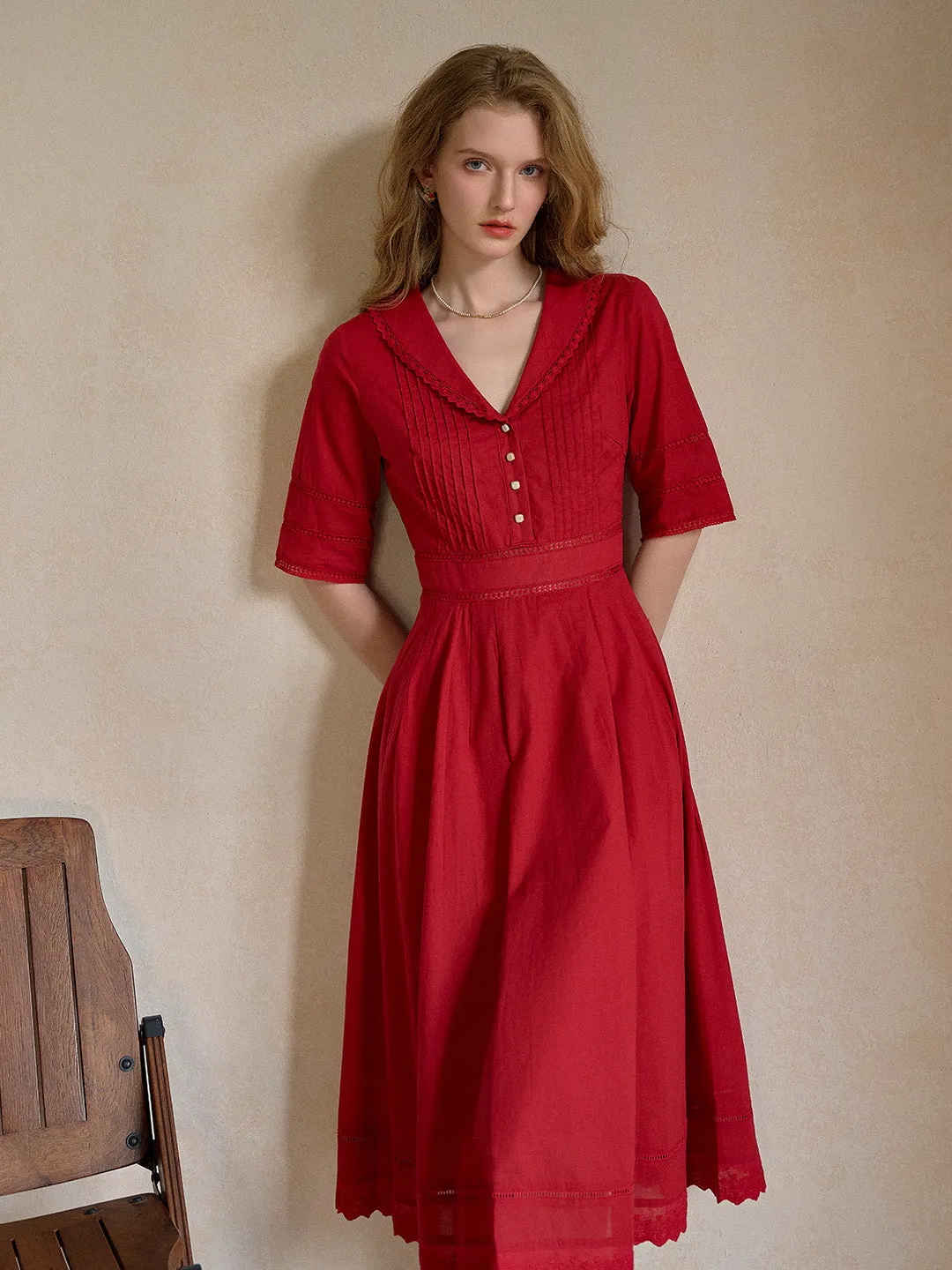 Fiona 100% Cotton Red Midi Dress Contrast-Panel