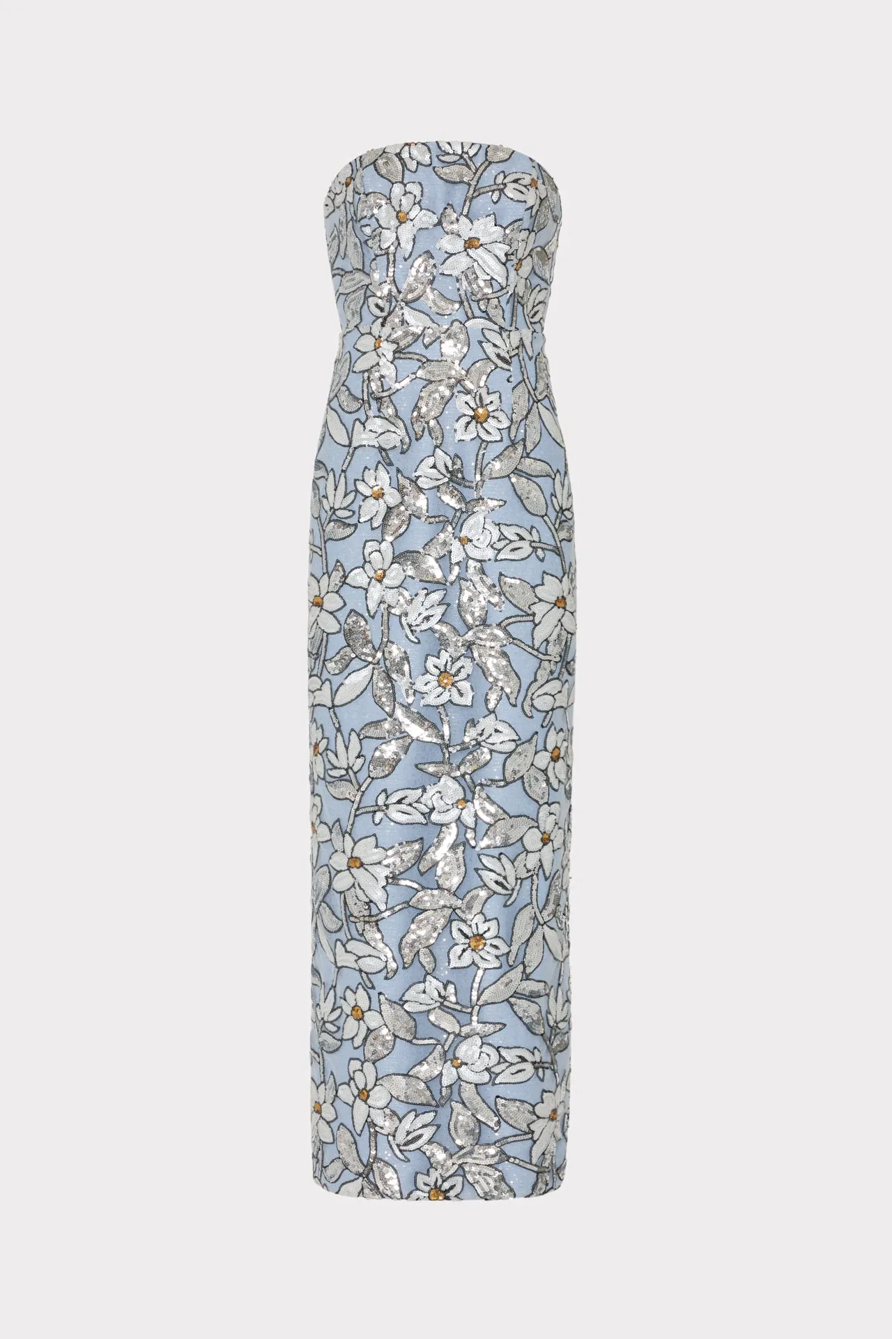 Magnolia Silver Floral Sequins Maxi Dress Flexible Fabric Sleek Volume