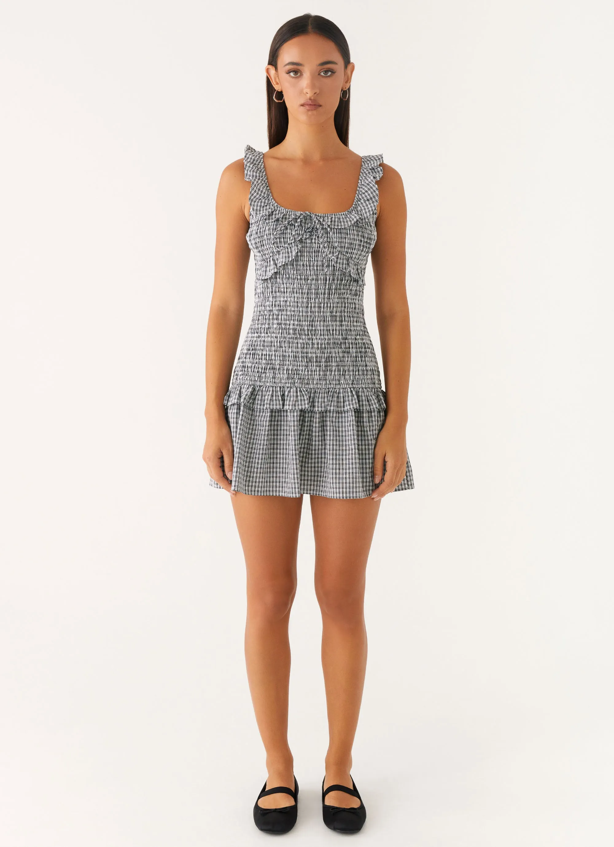 Layered Hem Mali Shirred Mini Dress - Checker