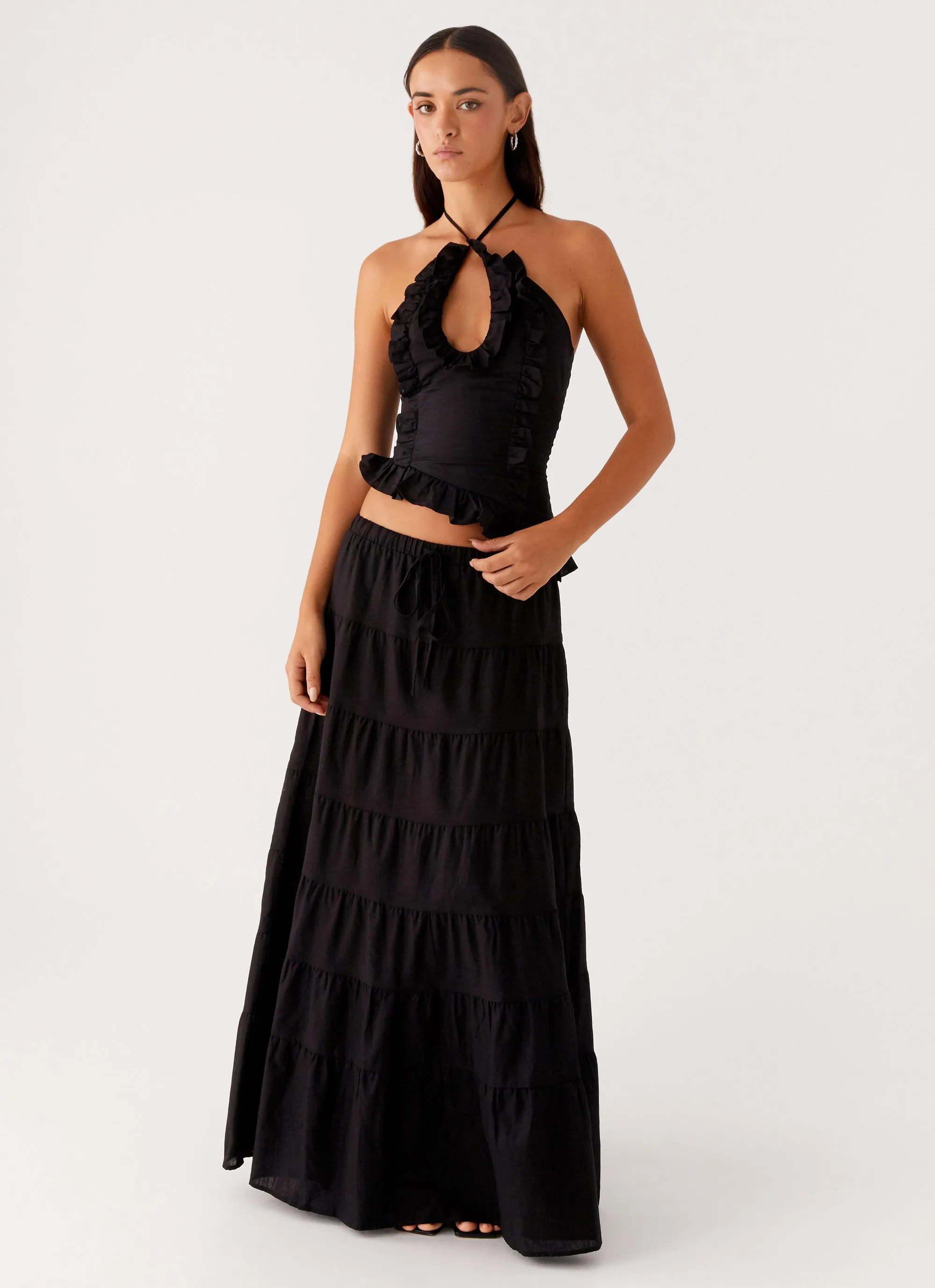 Mariella Linen Maxi Skirt - Black Retro Style