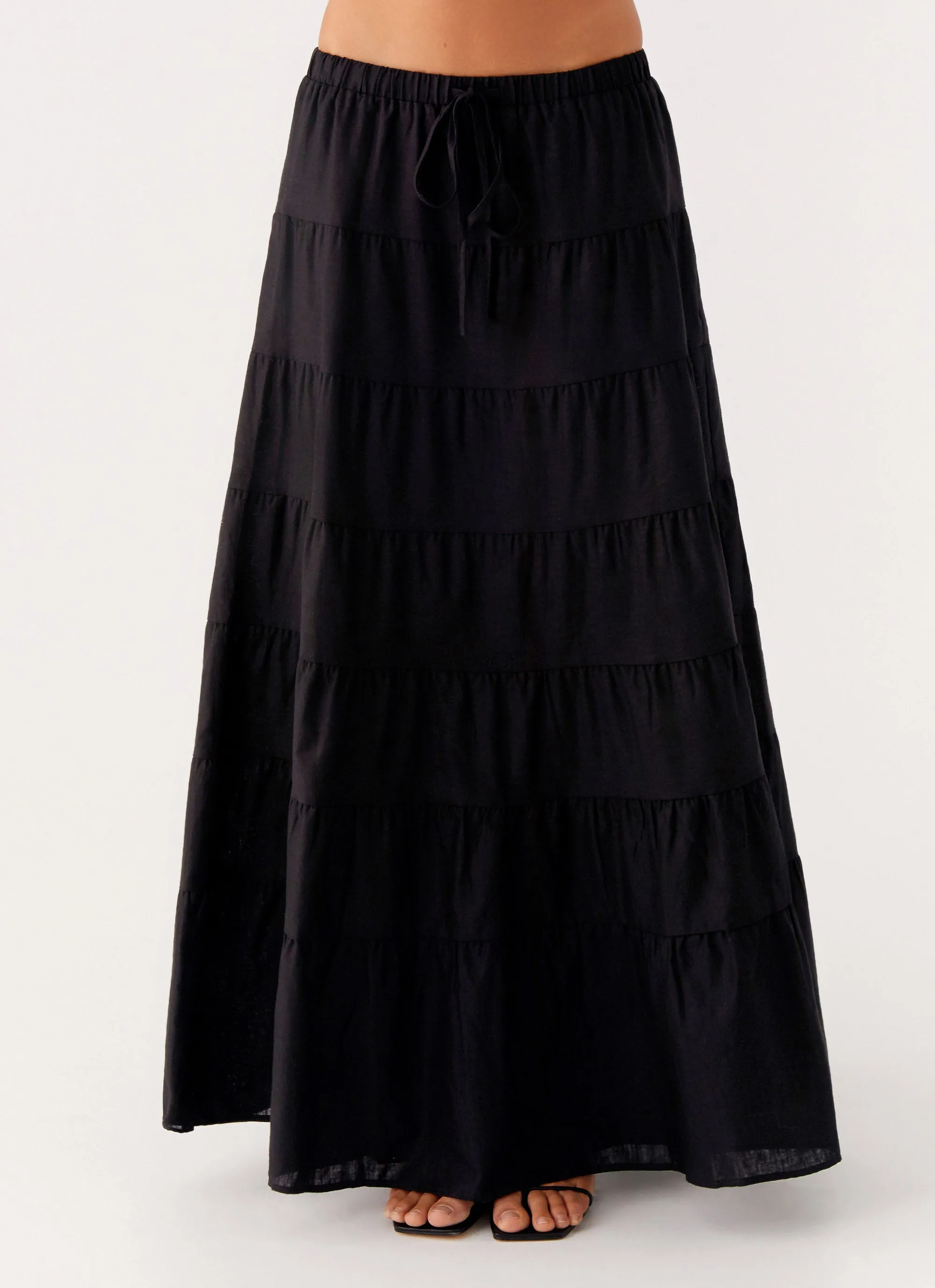Mariella Linen Maxi Skirt - Black Double Layered Design Draped Design