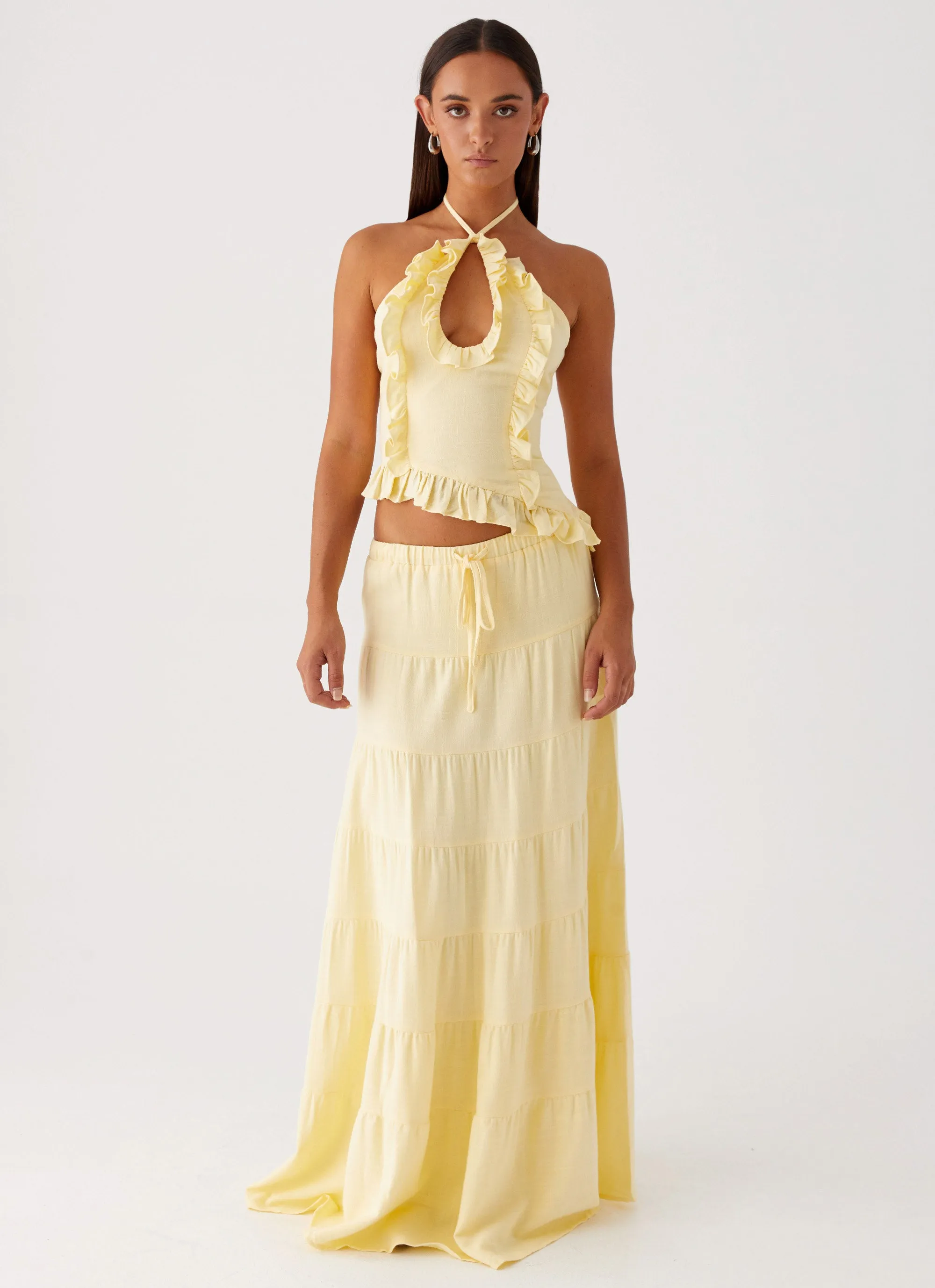Mariella Linen Maxi Skirt - Yellow Button Details