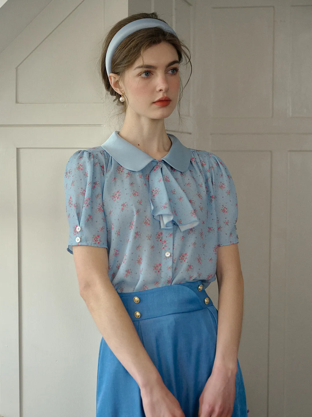 Marina Vintage Lapel Floral Print Blouse ReflectiveTrim