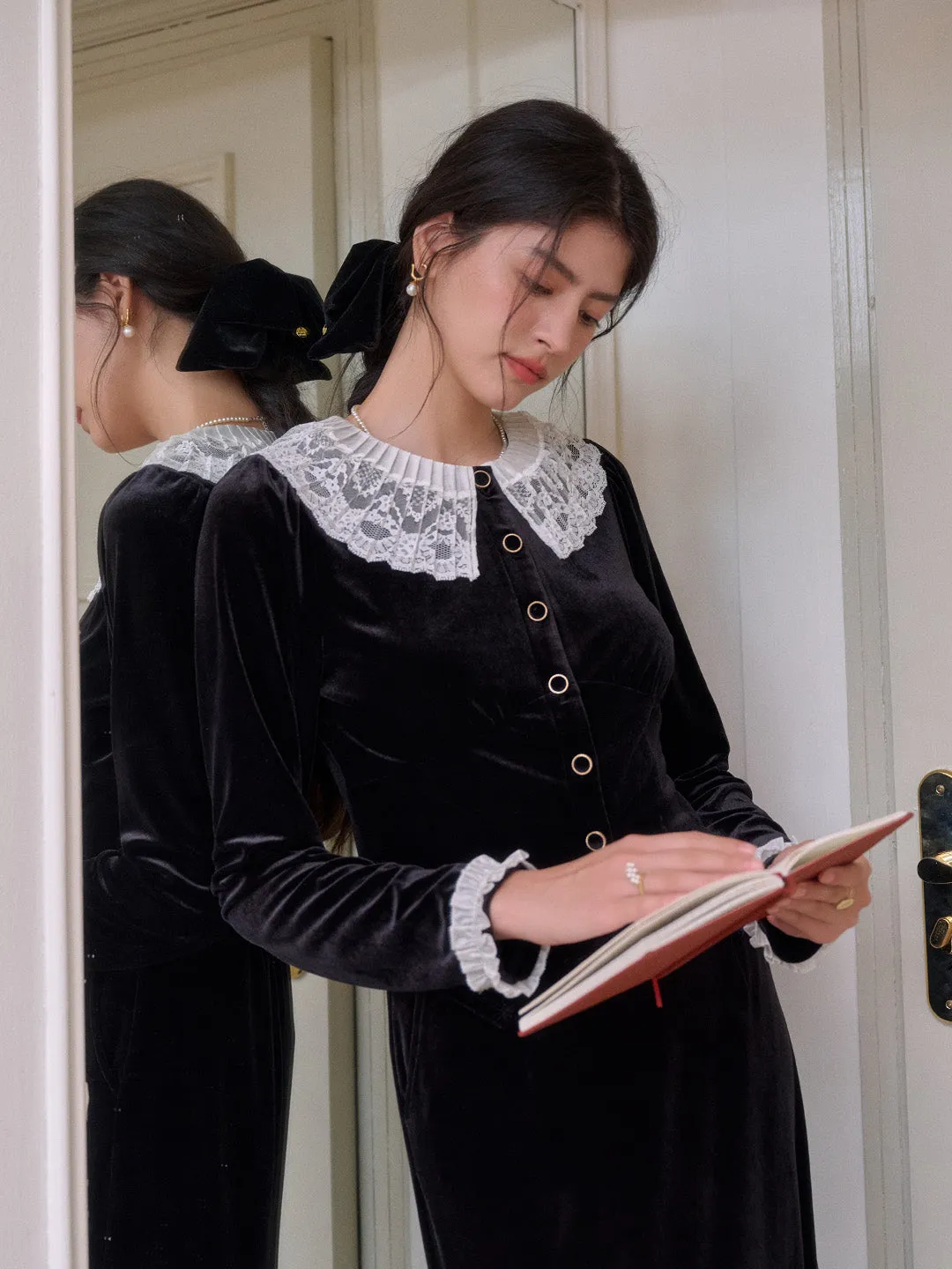 Matilda V-Neck Velvet Lace Blouse Office Attire Fray Resistant Edges