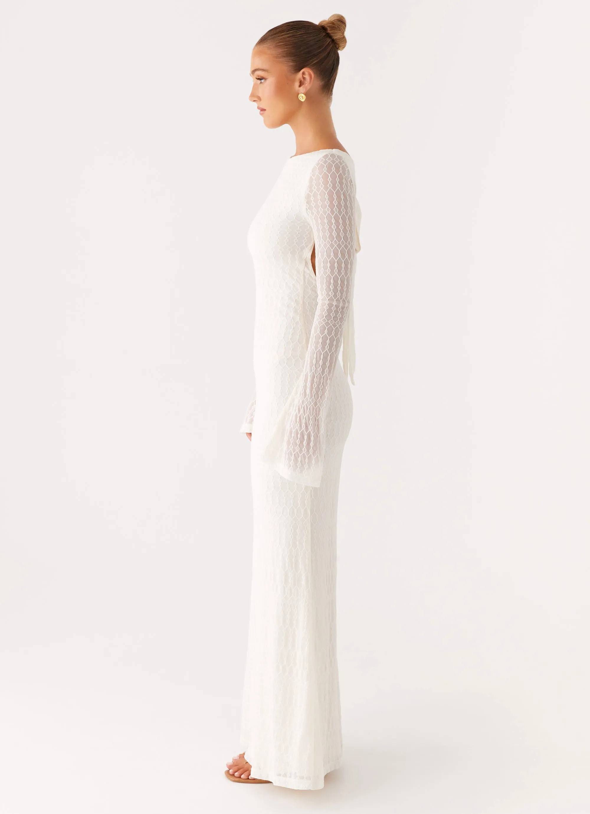 Ethereal Long Sleeve Maxi Dress - Ivory Smooth Detail Calm Grace