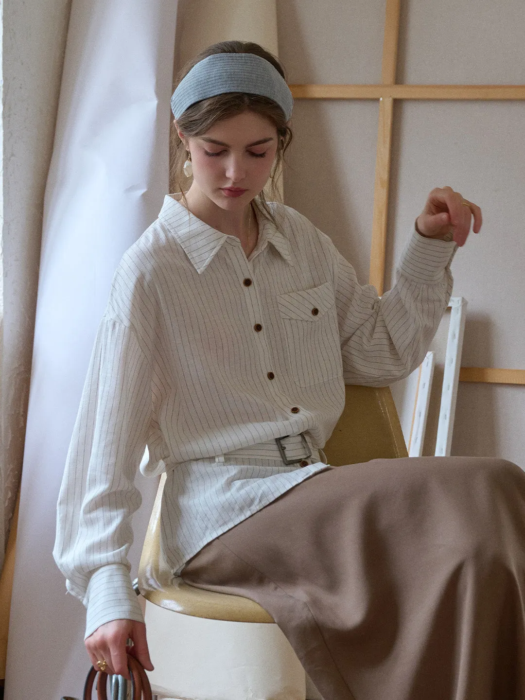 Mckenna Lapel Stripes Belt Linen Shirt ConvertibleStyle Variable Tension Adjustment