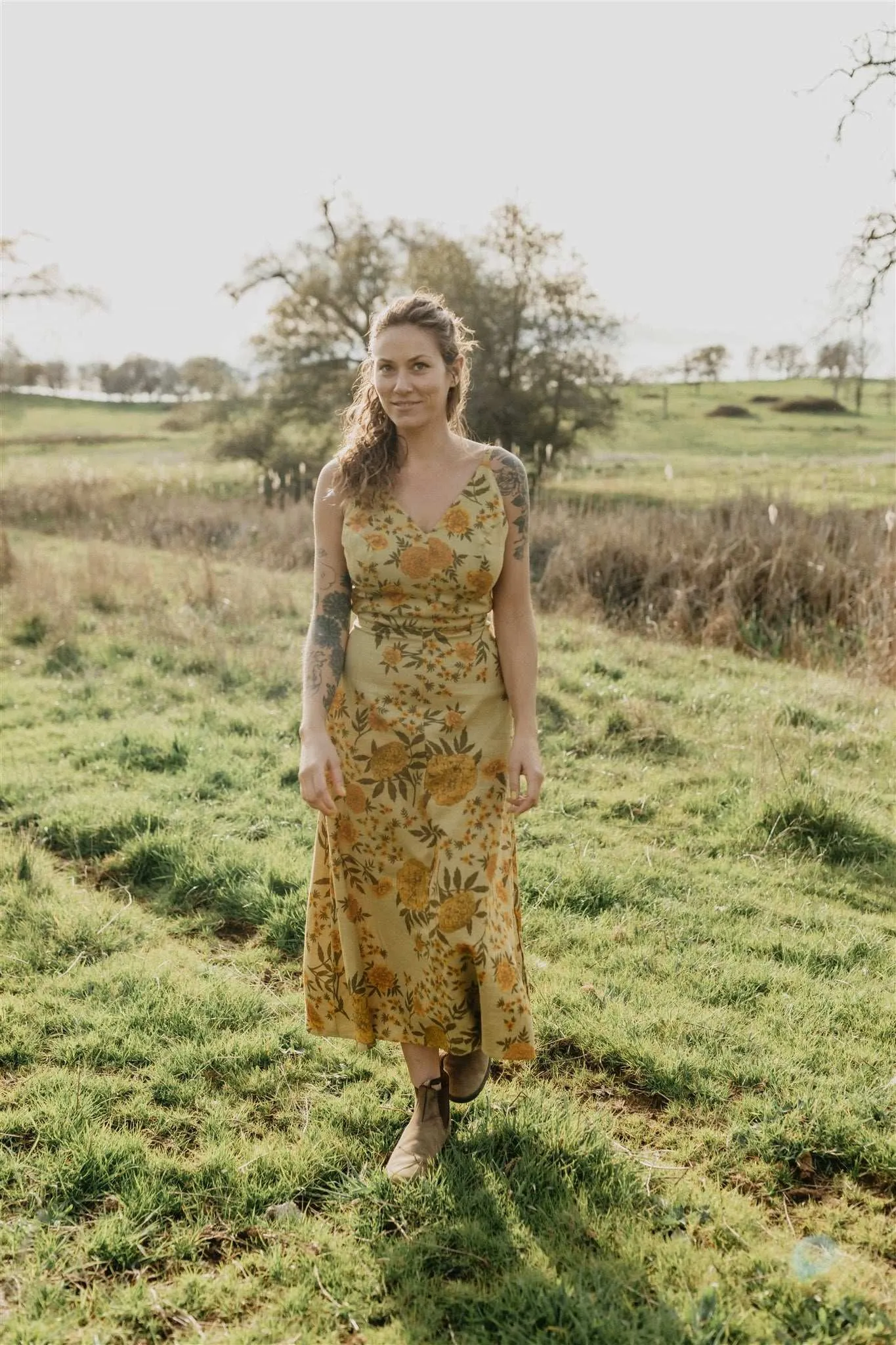 Soft Vibe Meadow Dress in Mustard Marigold Linen