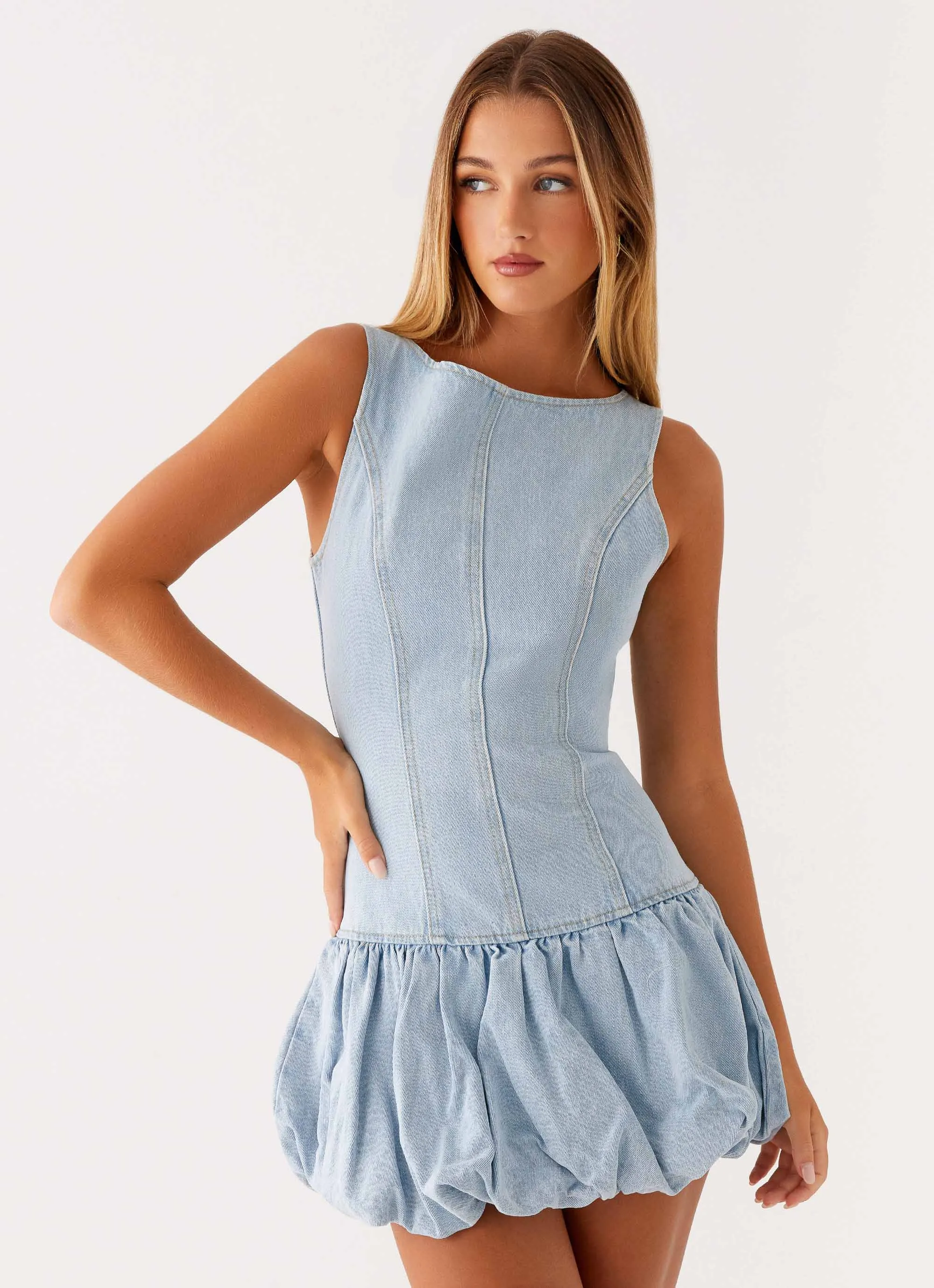 Sleek Detail Meg Bubble Denim Mini Dress - Blue