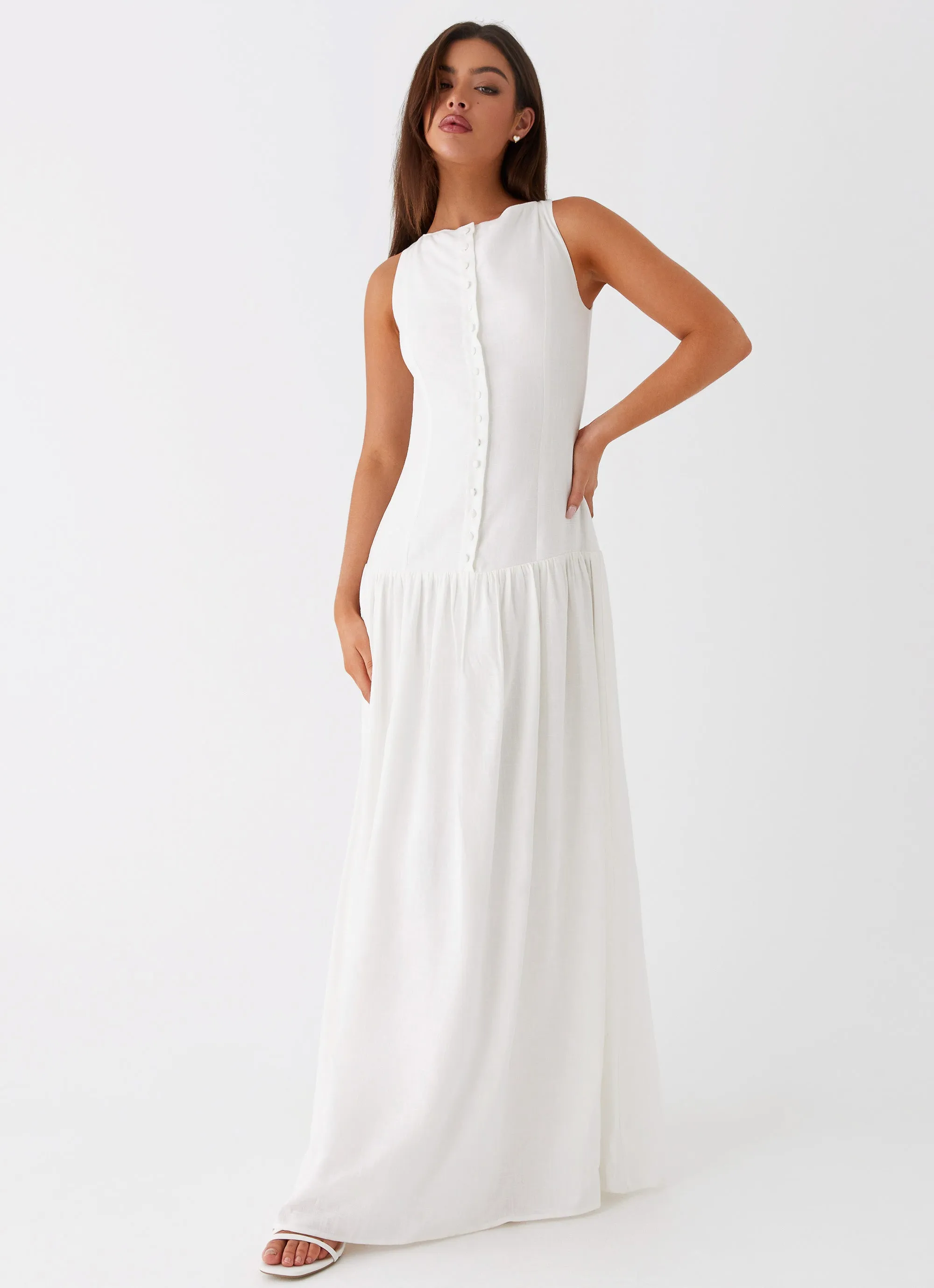 Edge Detail Meggie Linen Maxi Dress - White