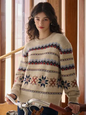 Melanie Ribbed Crew Neck Fair Isle Geometric Sweater Contrast Stitch Detail High Neckline Structure