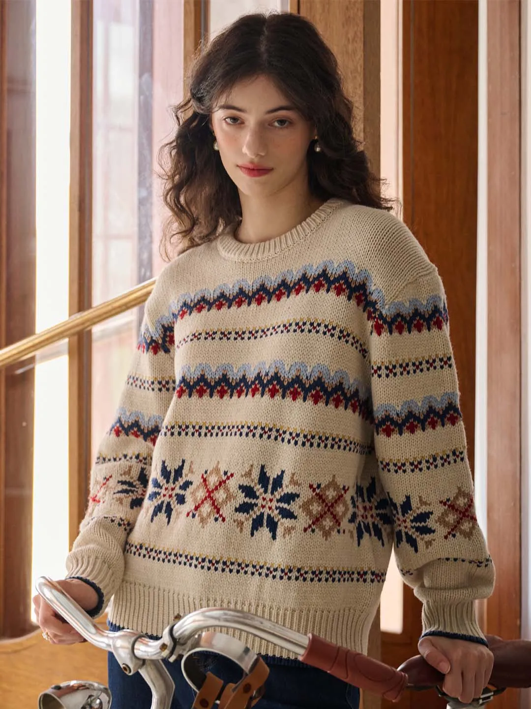 Melanie Ribbed Crew Neck Fair Isle Geometric Sweater Contrast Stitch Detail High Neckline Structure