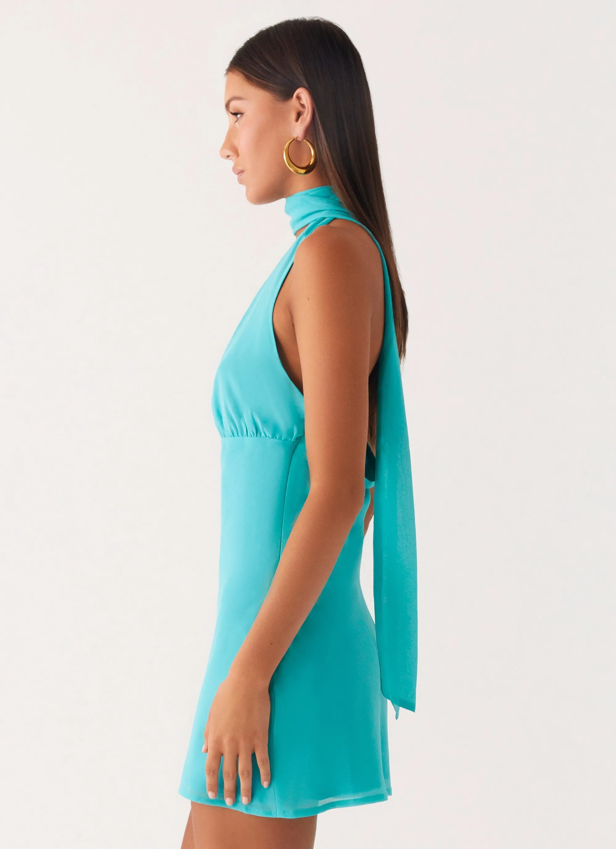 Melisande Scarf Neck Mini Dress - Aqua Blue premium fabric Classic Touch
