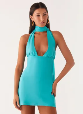 Melisande Scarf Neck Mini Dress - Aqua Blue City Essential