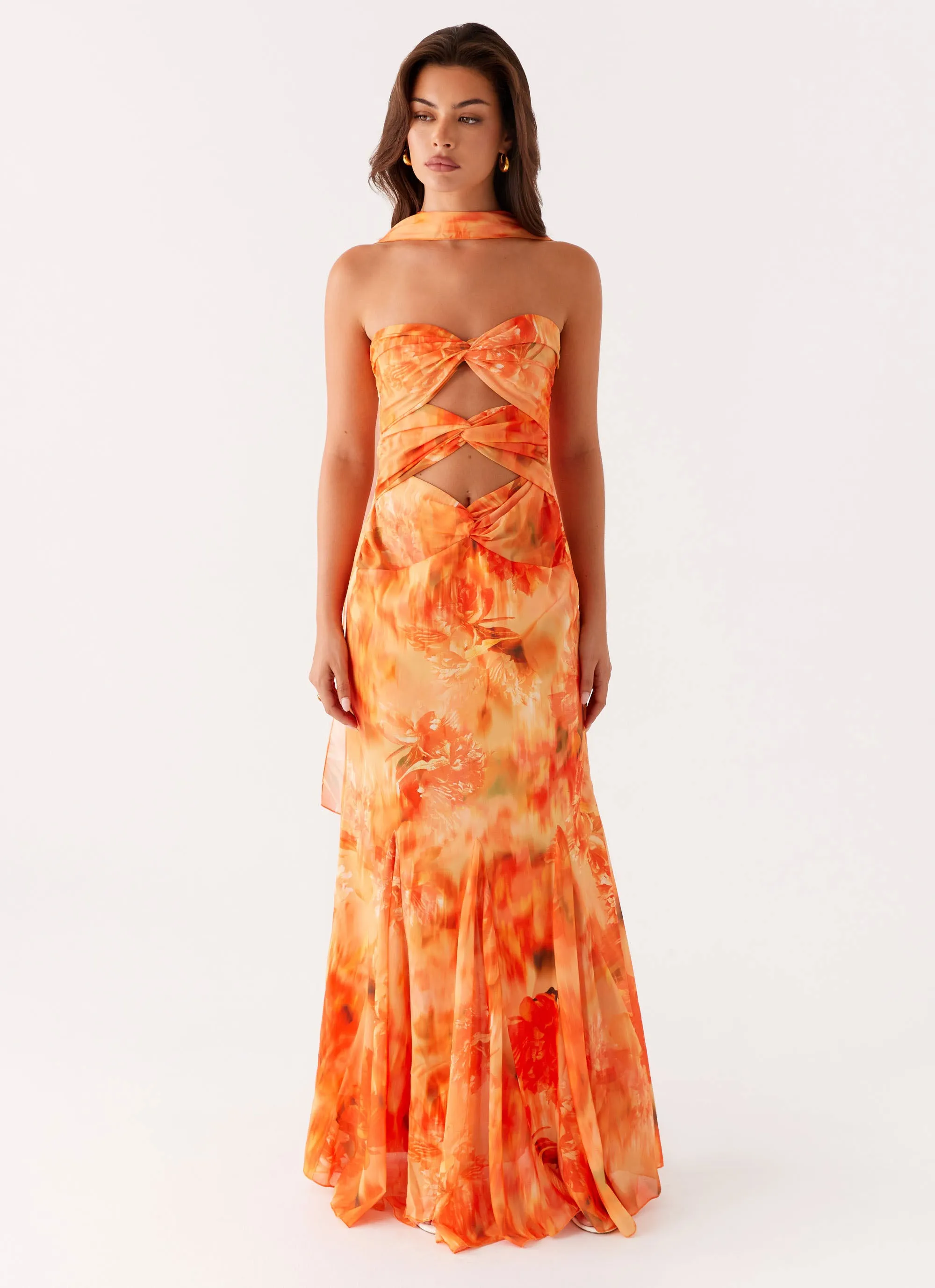 Pure Color Aura Glow Melrose Satin Chiffon Maxi Dress - Sunset Floral