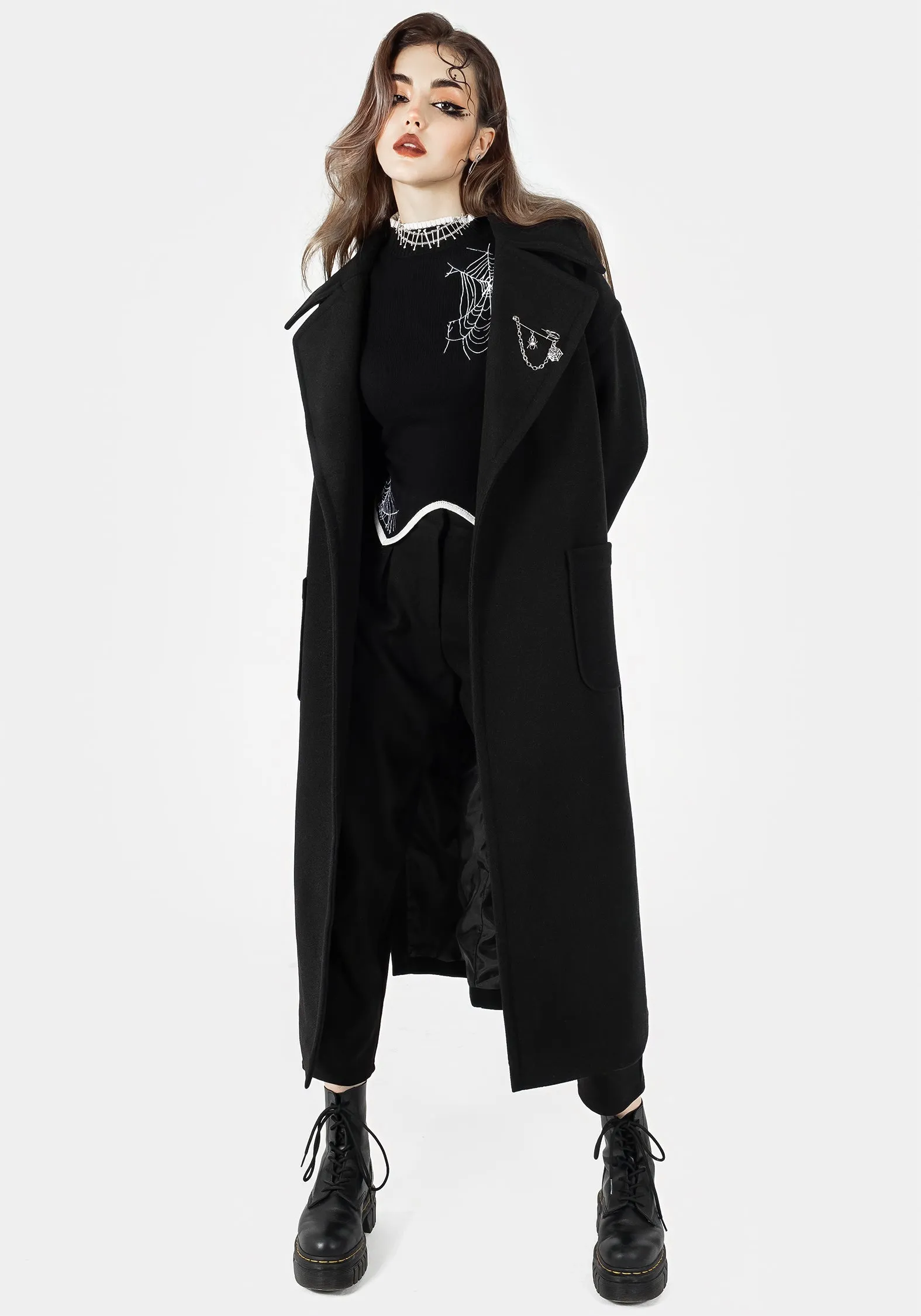 No Smell Meltdown Oversized Coat with Brooch - Black