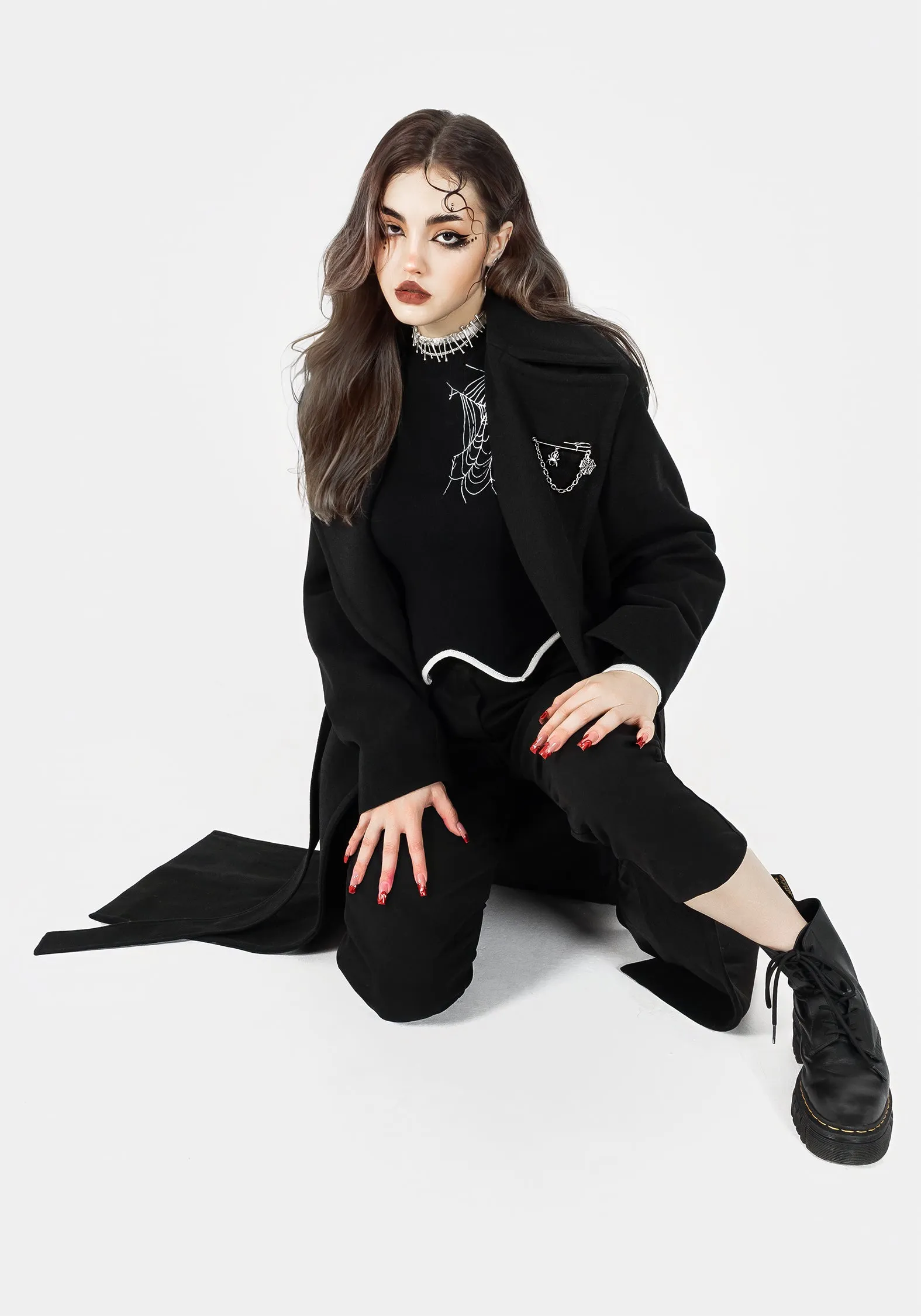 Non Bulky Design Meltdown Oversized Coat with Brooch - Black