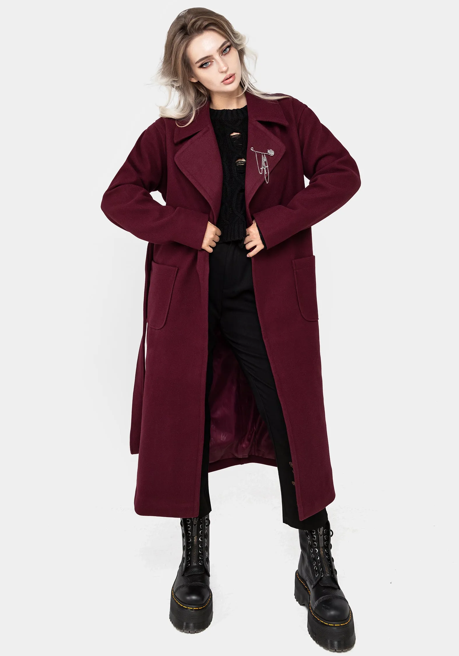 Quick Release Buckle Daywear Staple Meltdown Oversized Coat with Brooch - Red