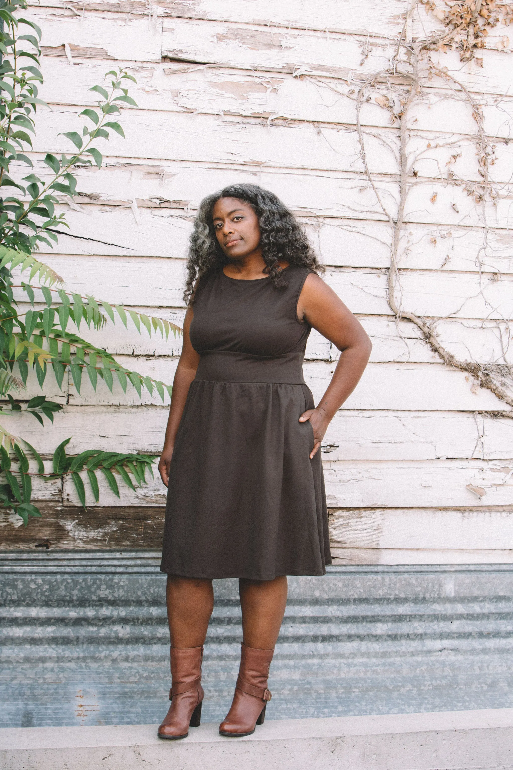 Mere Dress in Dark Brown Ponte Sweet Mood Satin Fabric