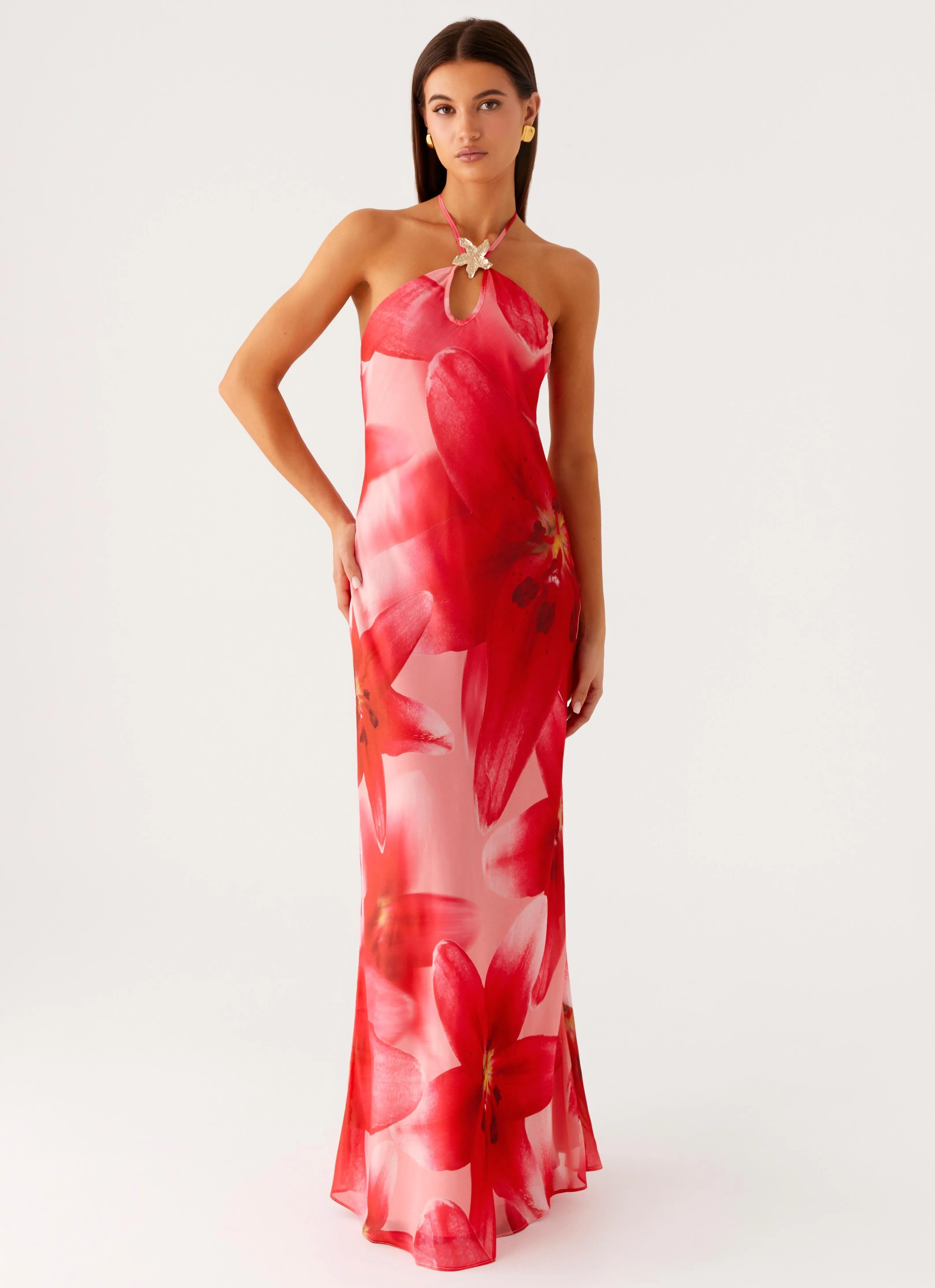 Vatiana Chiffon Maxi Dress - Peach Watermelon Flower Refined Feel