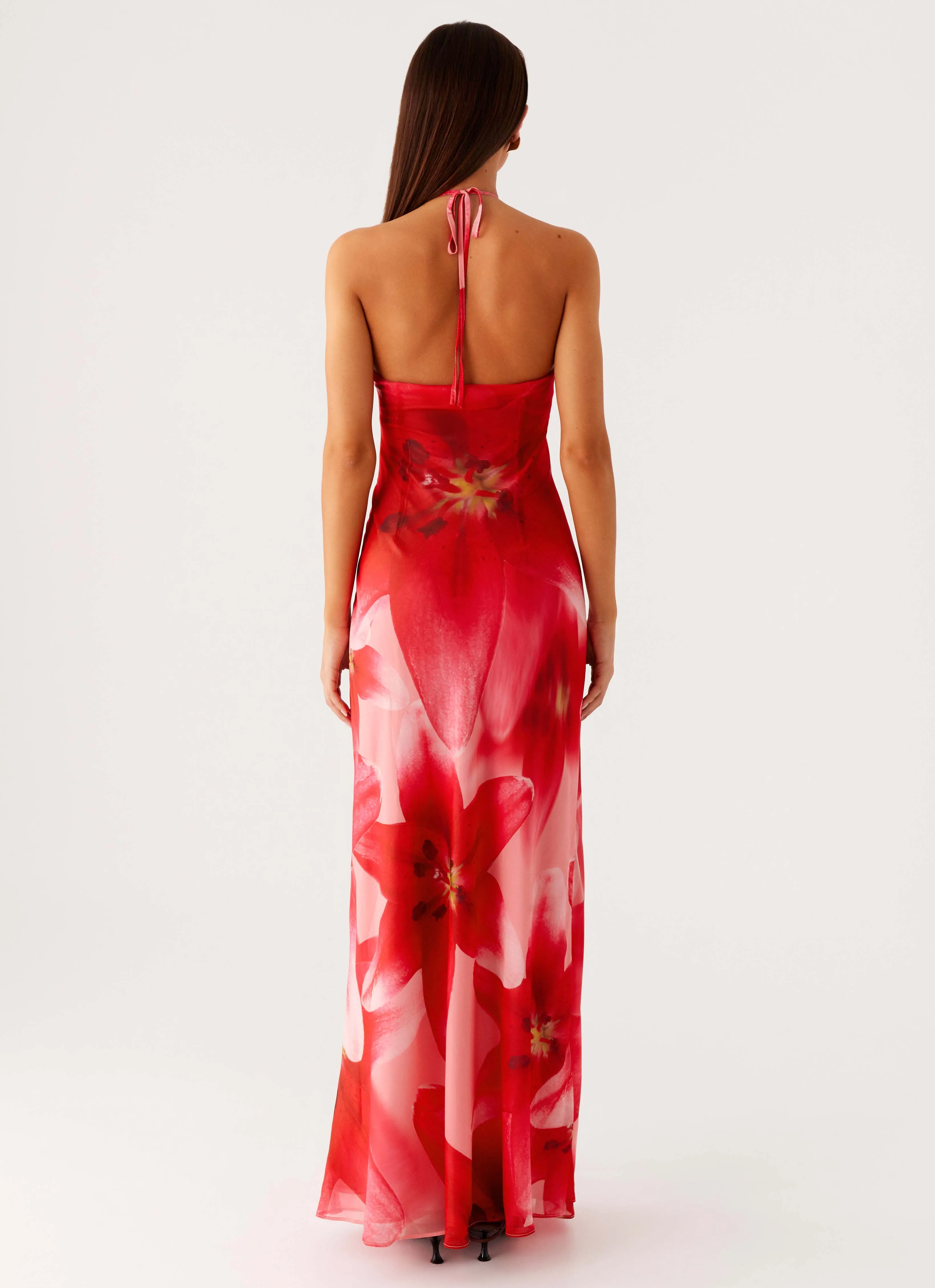Vatiana Chiffon Maxi Dress - Peach Watermelon Flower Flared-Hem Art Inspired