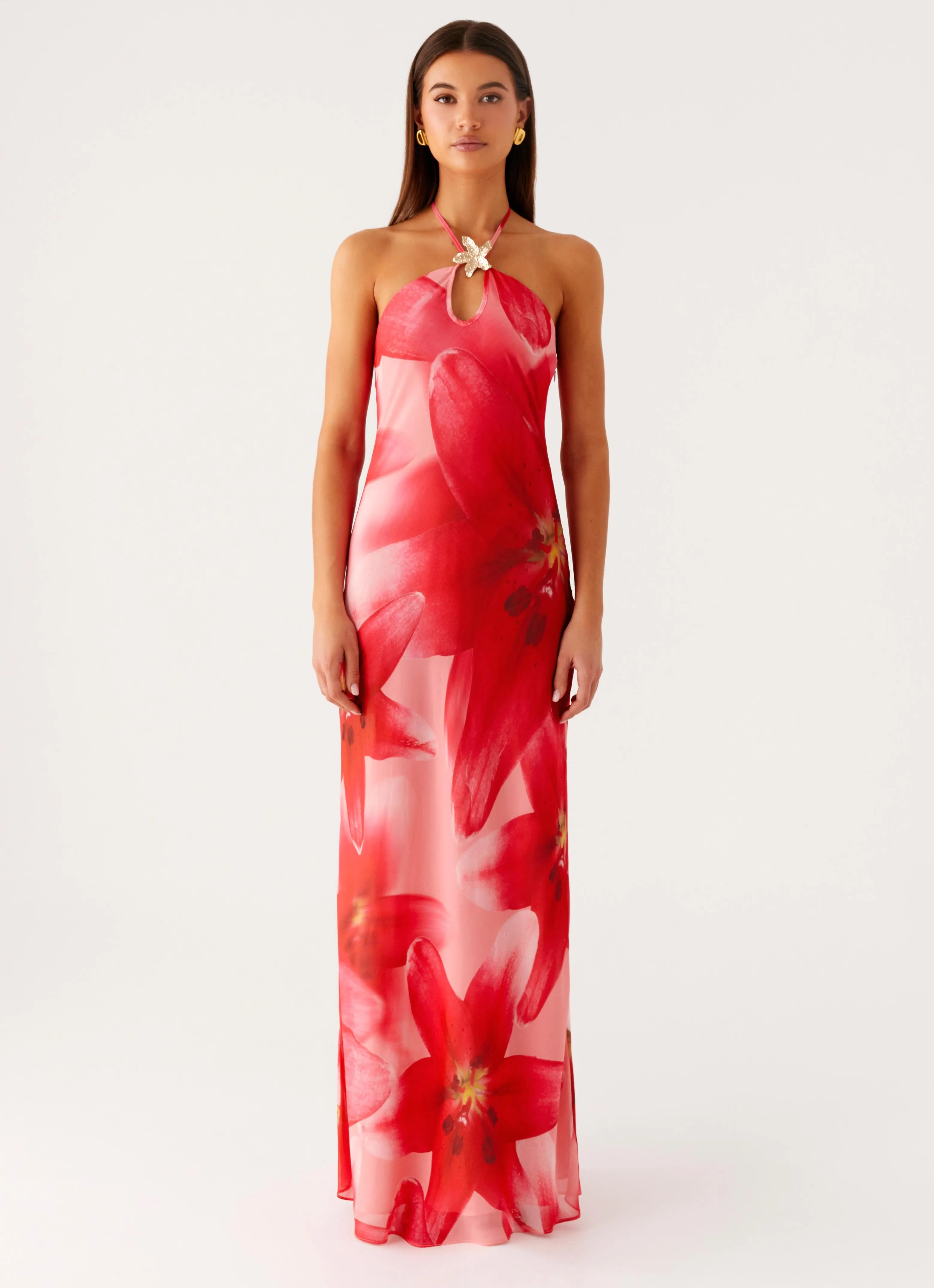 Chic Casual Wear Vatiana Chiffon Maxi Dress - Peach Watermelon Flower