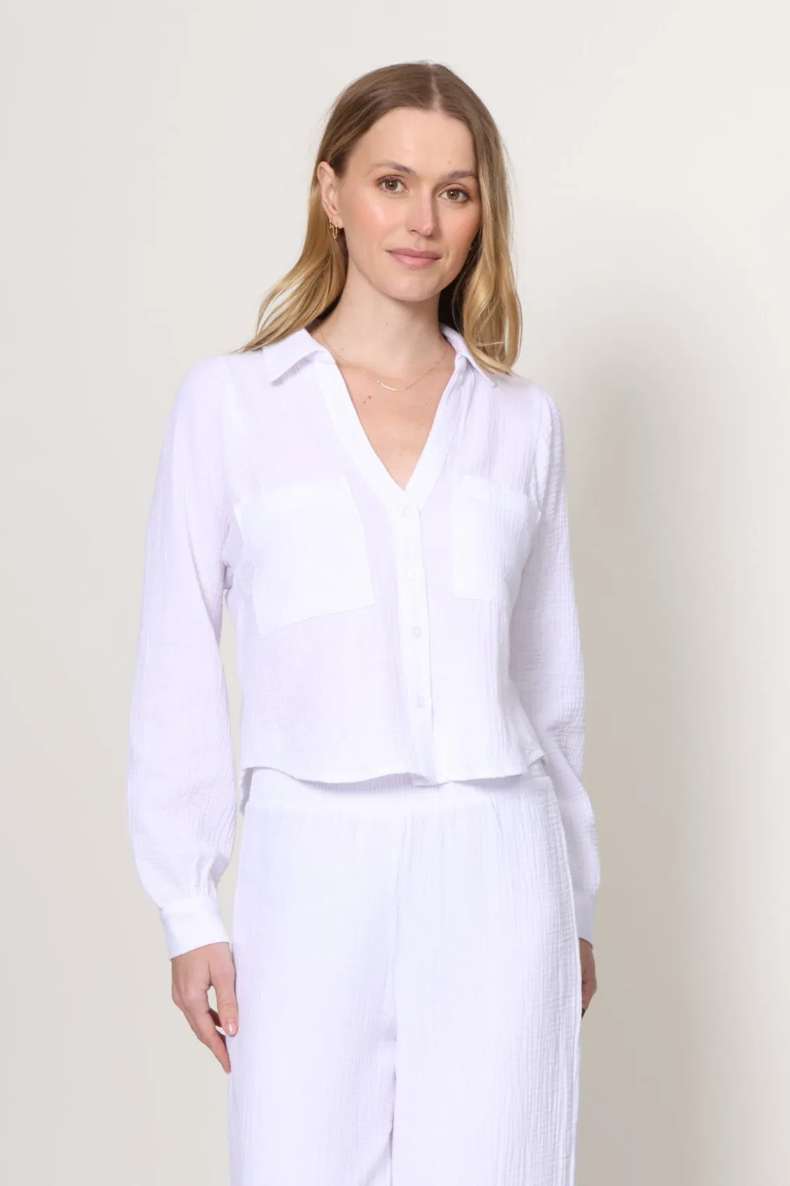 ContrastPlacket Reinforced Stitching Campo Button Up Gauze Top