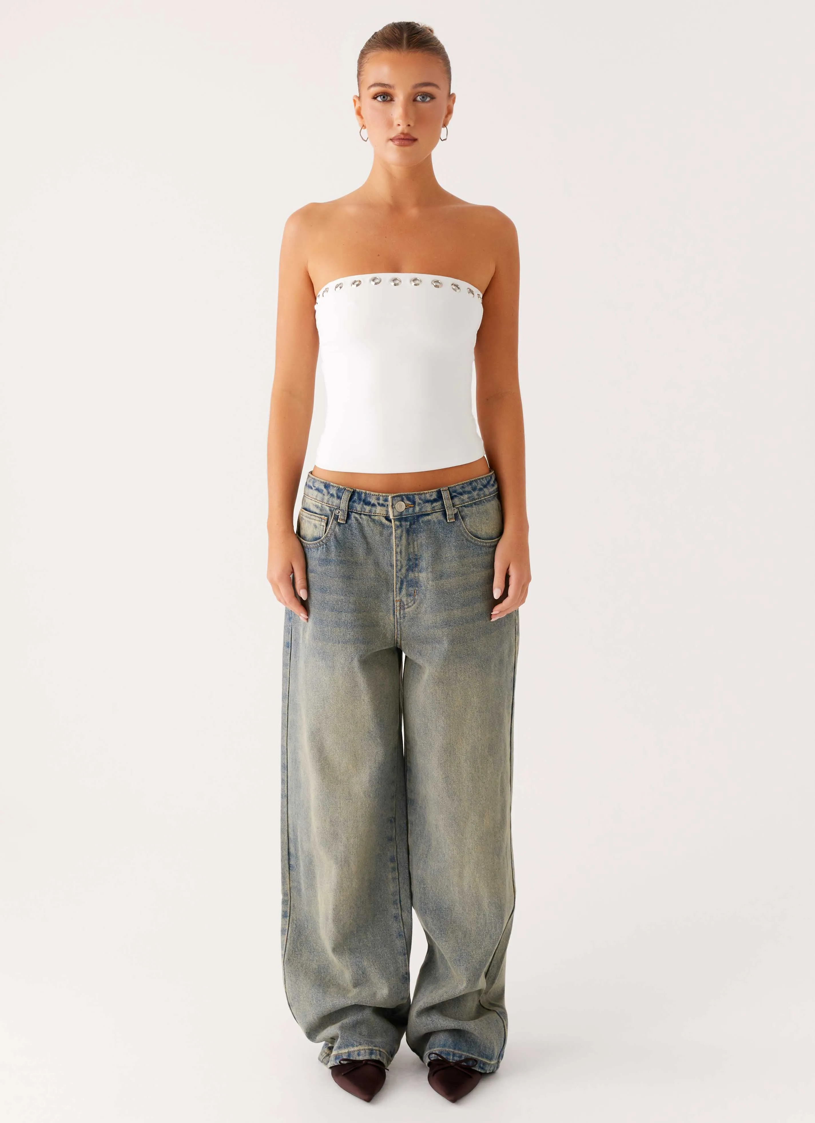 Miku Eyelet Strapless Top - White Garment Washed Softness