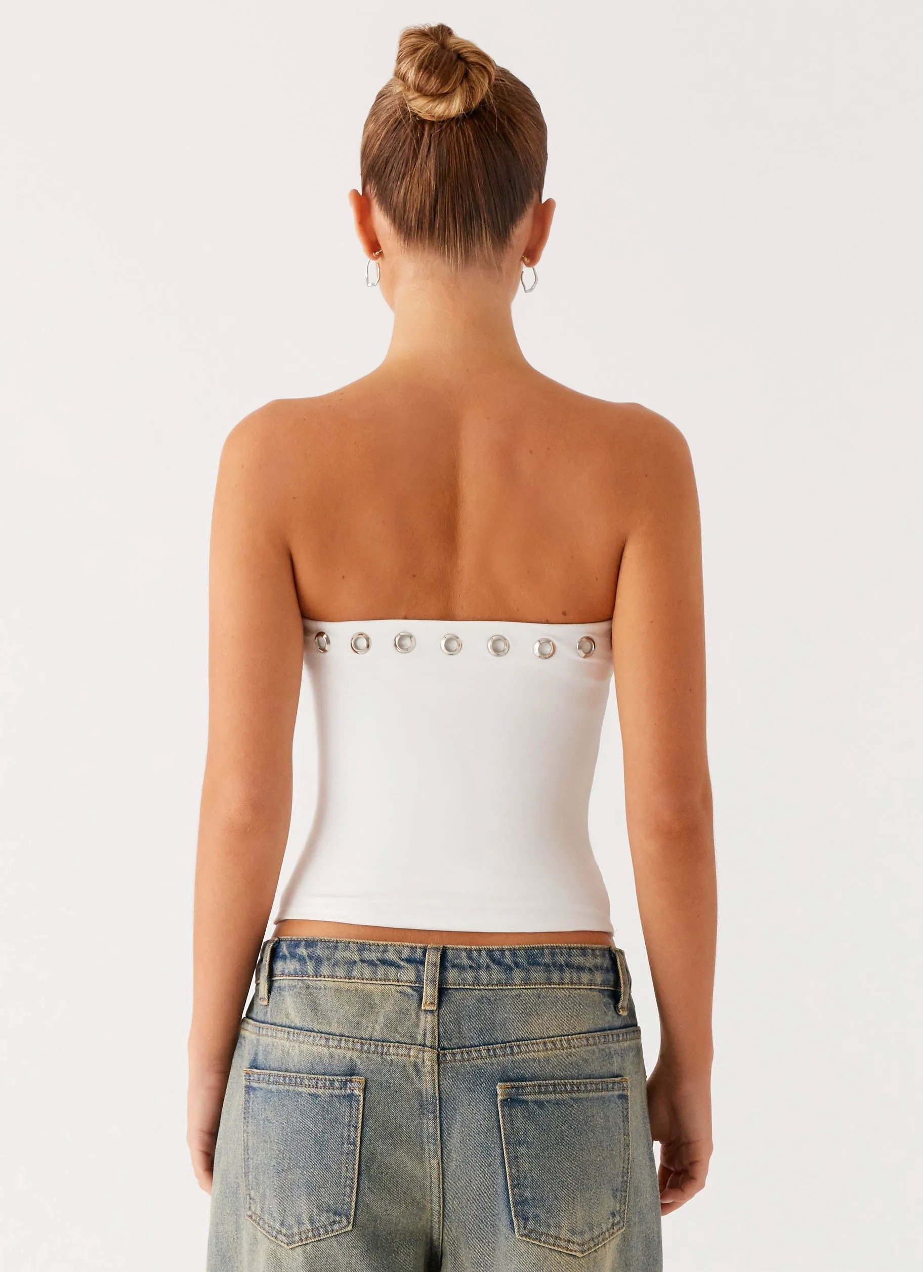 Contrast Stitching Heather Effect Finish Miku Eyelet Strapless Top - White