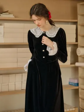 Milena Contrast Lace Lapel Leg-of-mutton Sleeve Lace Panel Velvet Dress slim cut Eye Appeal