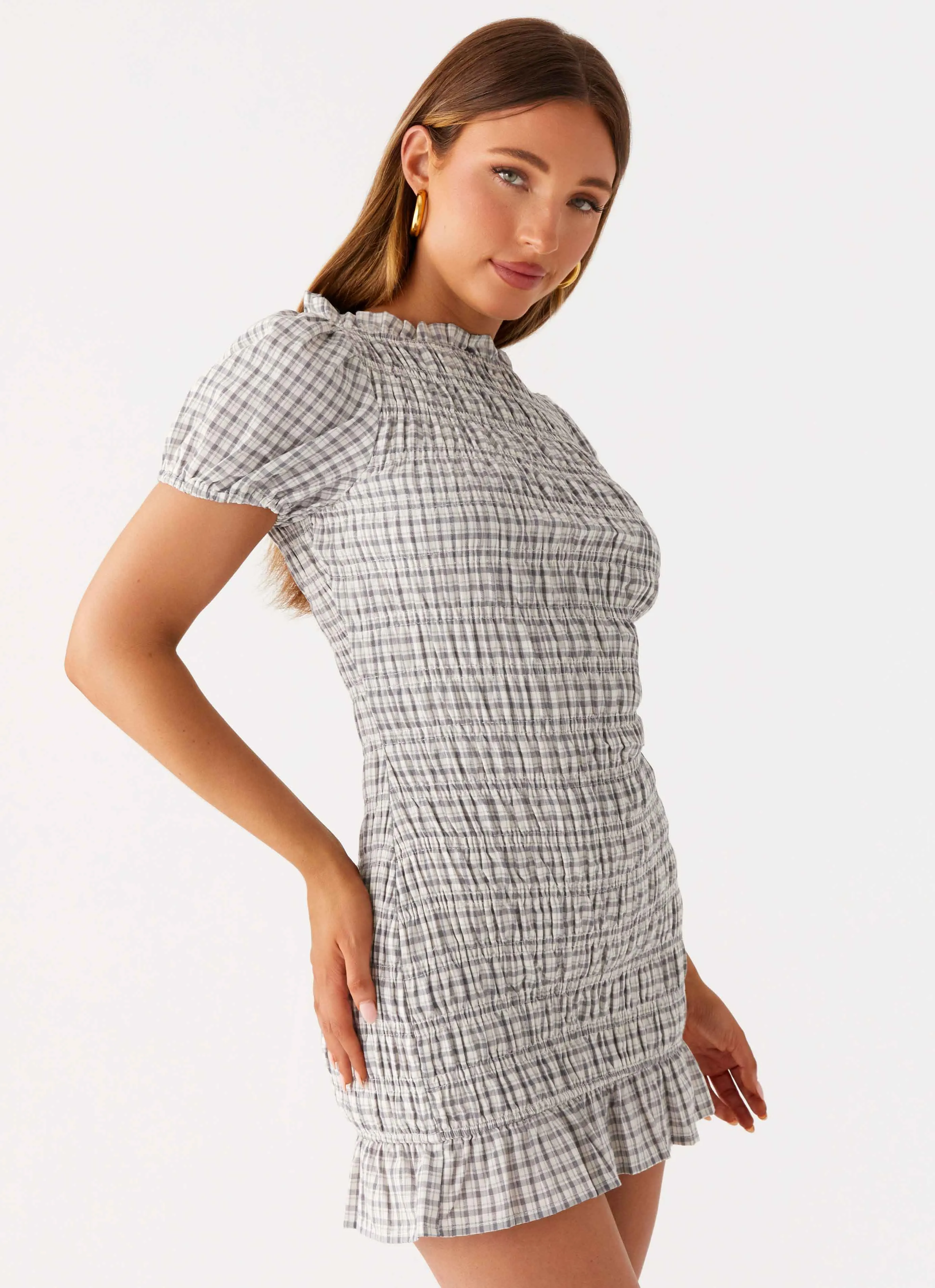 Double Layered Design Millicent Ruched Mini Dress - Grey Check