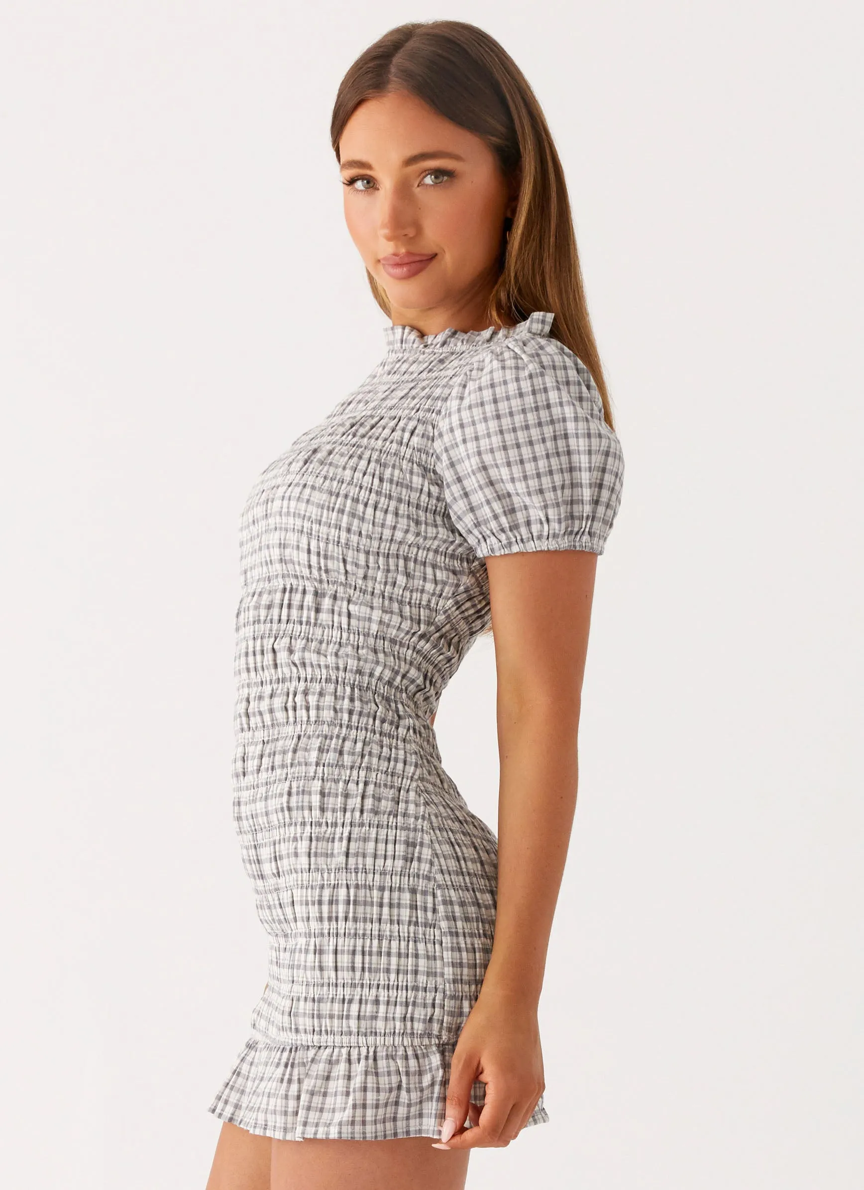 Easy-to-style casual dress Light Fall Millicent Ruched Mini Dress - Grey Check