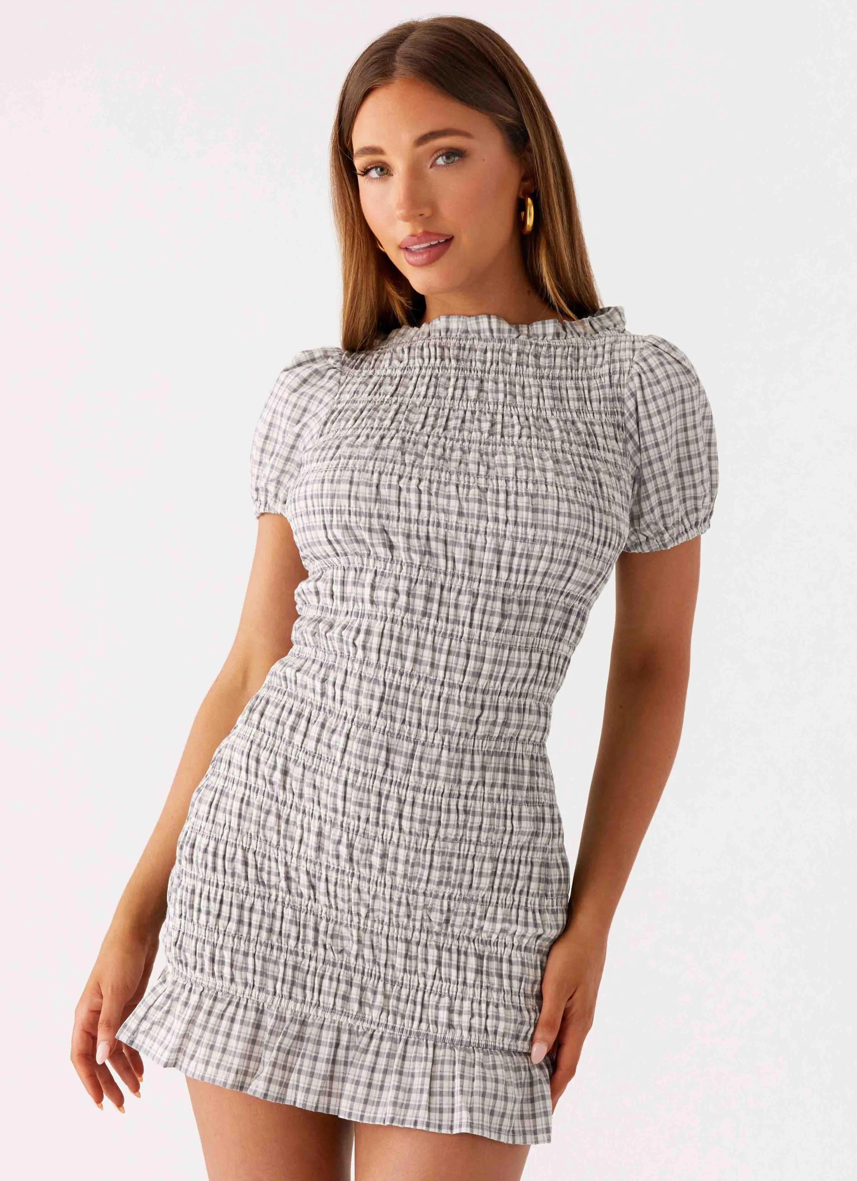 Millicent Ruched Mini Dress - Grey Check City Look