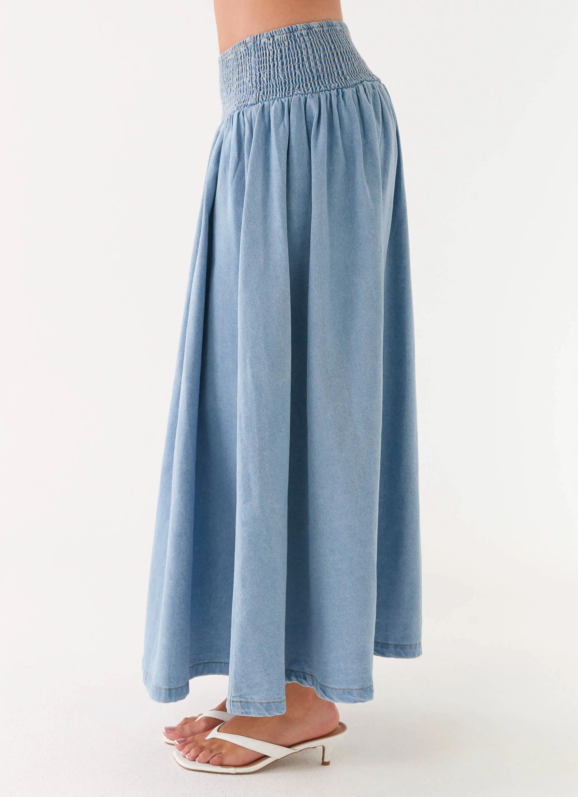 Heater Midi Skirt - Washed Blue Double Layer Construction Textured Surface