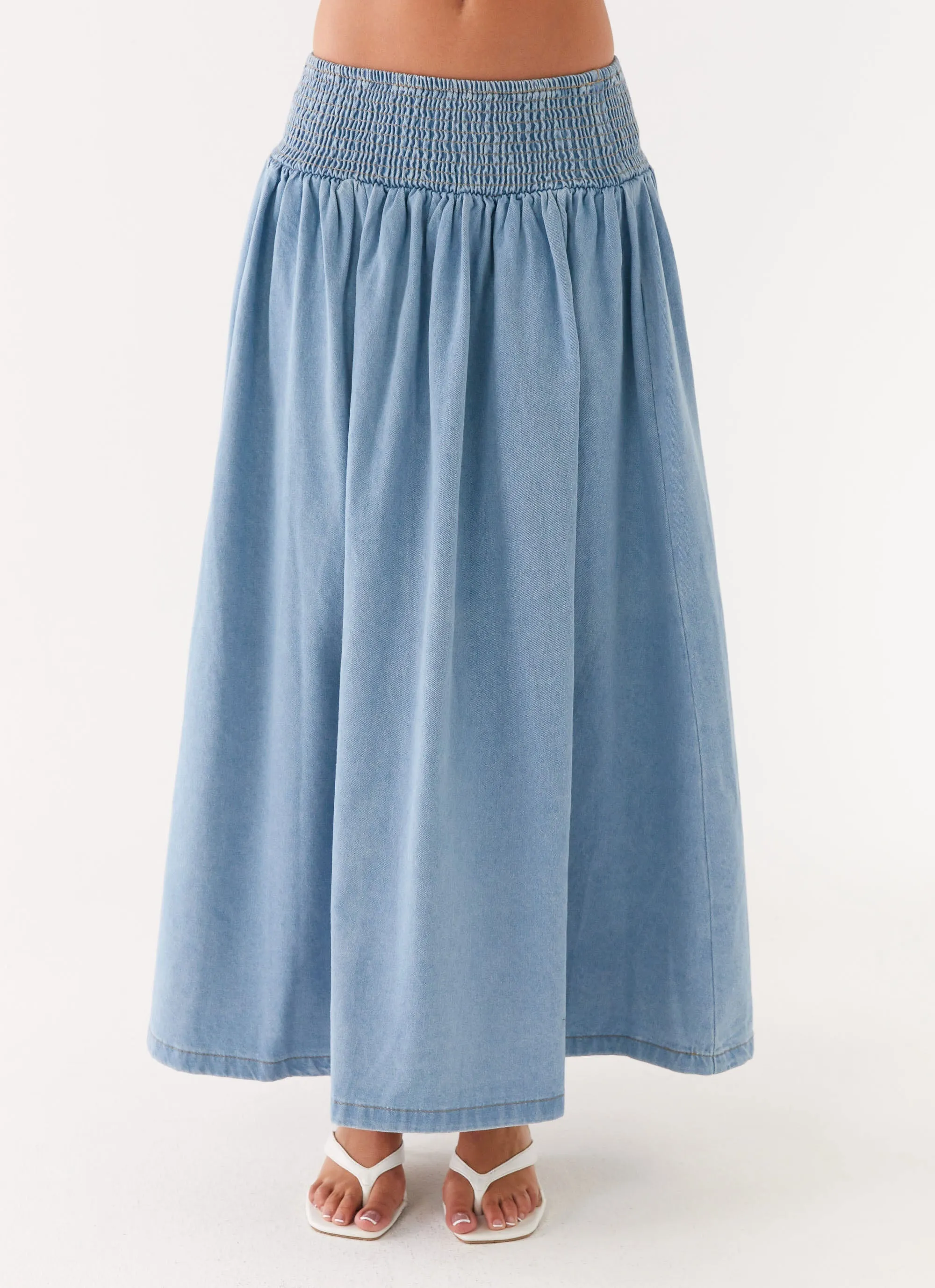 Art Gallery Visit Heater Midi Skirt - Washed Blue