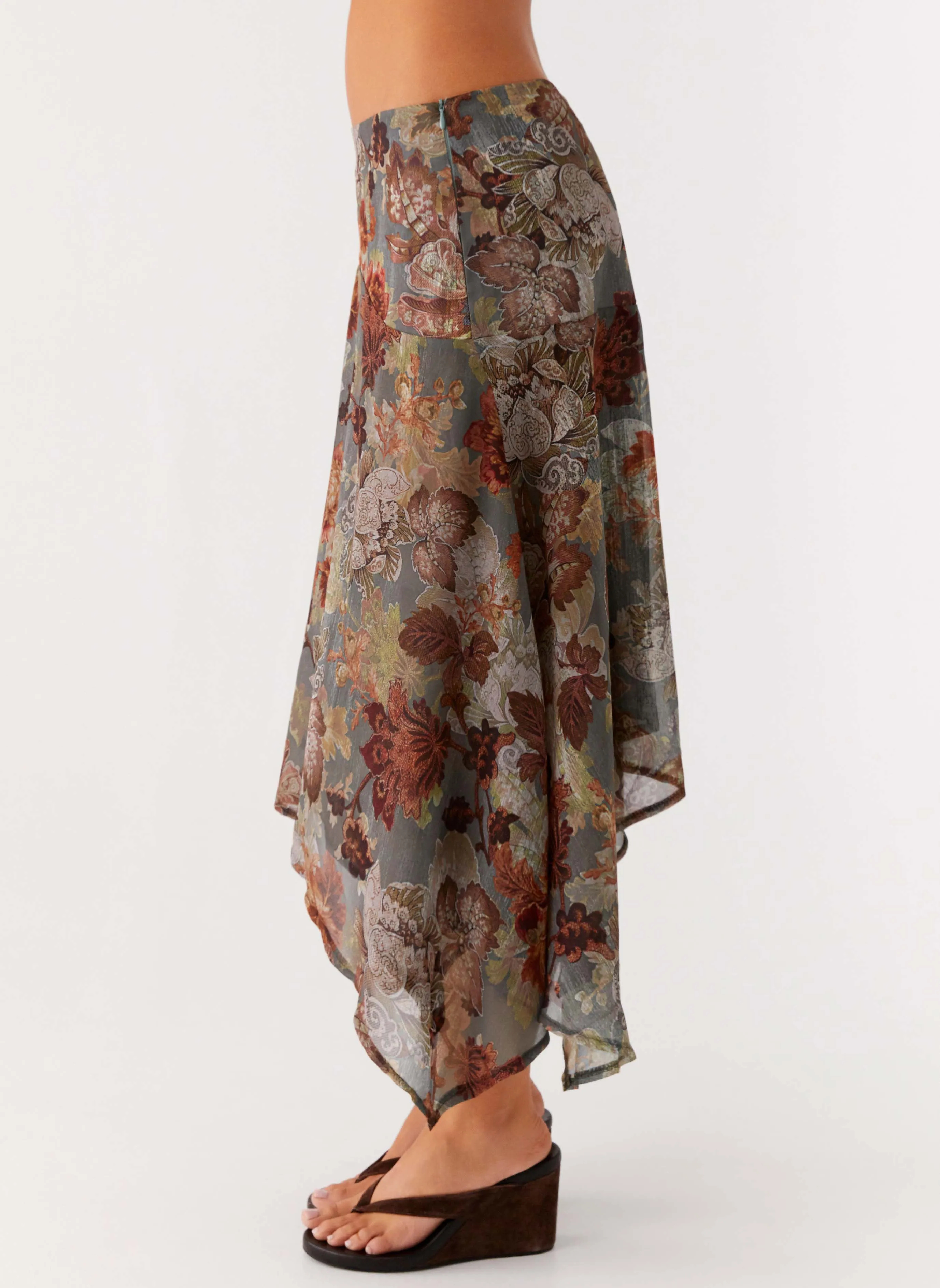 Rosewood Low Rise Midi Skirt - Vintage Blossom Satin feel Relaxed Feel