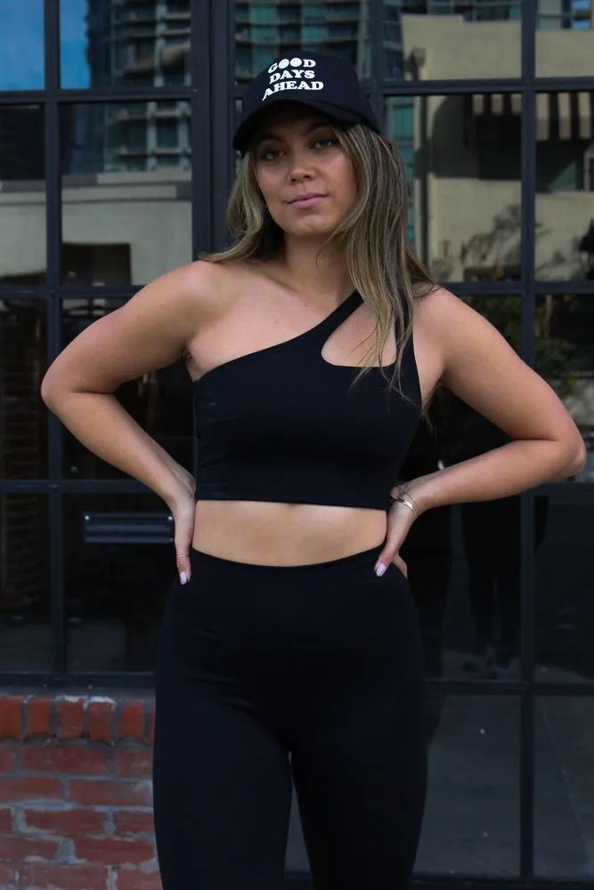 Fit Check One Shoulder Workout Set - Black GarmentWashed Texture Flexible Neckline