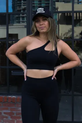 Fit Check One Shoulder Workout Set - Black GarmentWashed Texture Flexible Neckline