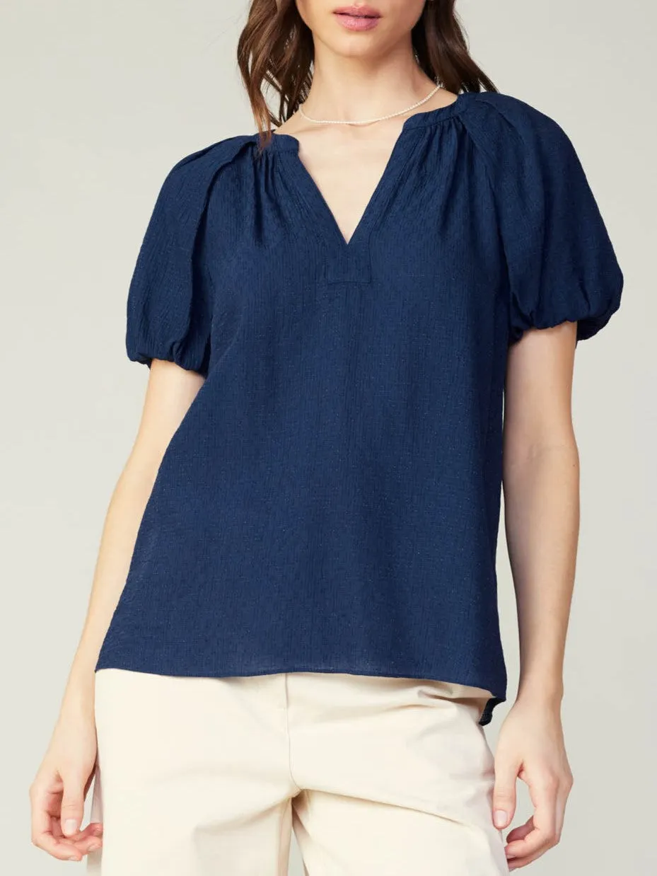 Maeve Top Navy Self Fabric Tie Reflective accents