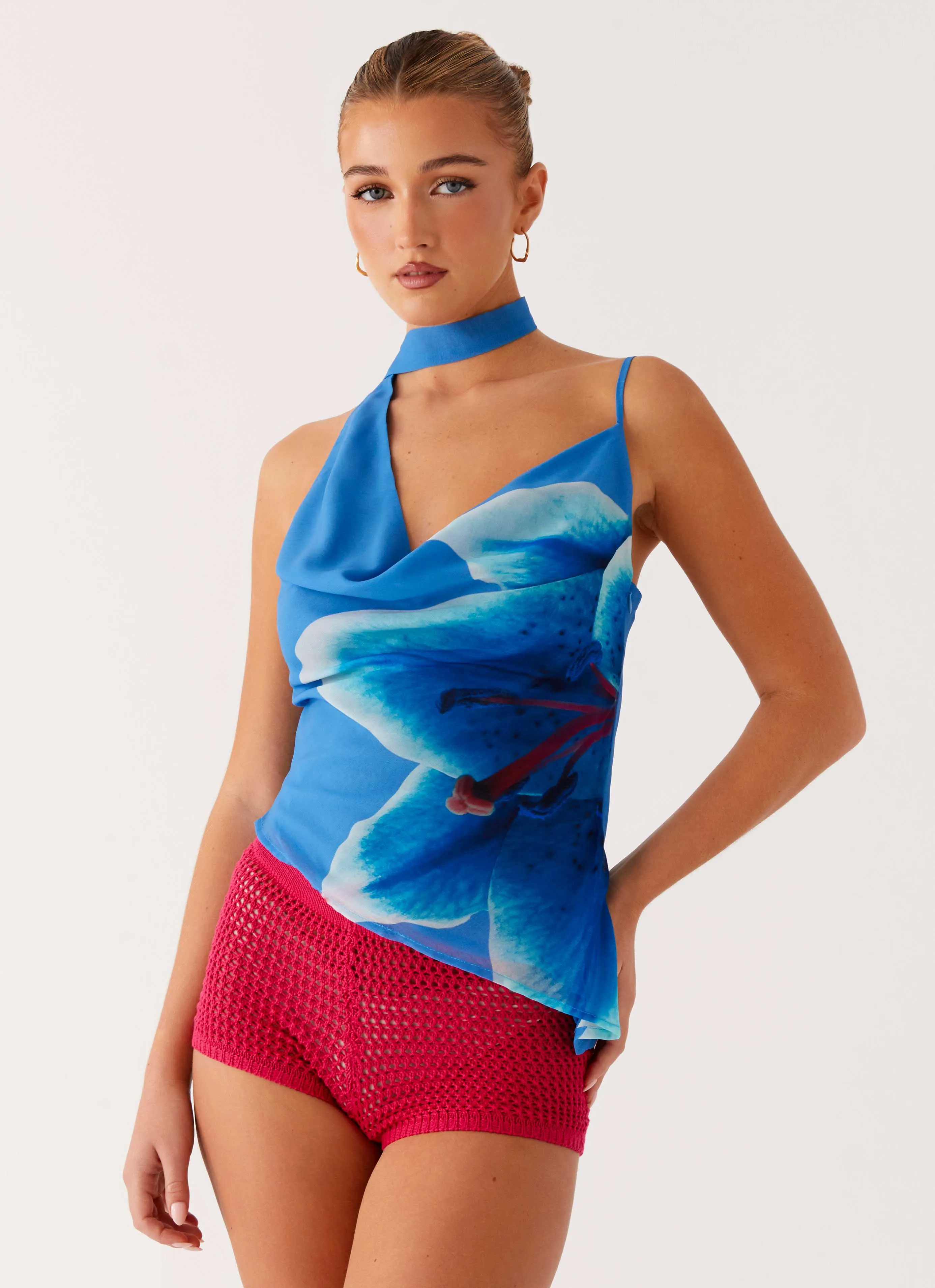 Andrina Cowl Neck Top - Oceania Bloom StretchableKnit