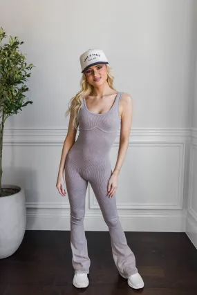 Contrast Stitch StretchKnit Ribbed Flare Jumpsuit- Ash