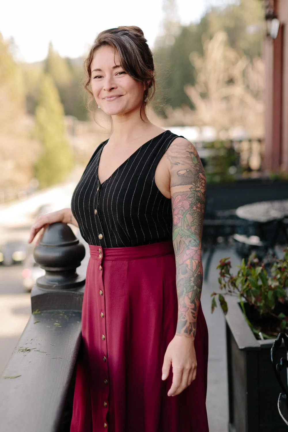 Raw Edge Detail Aviva Top in Black Pinstripe