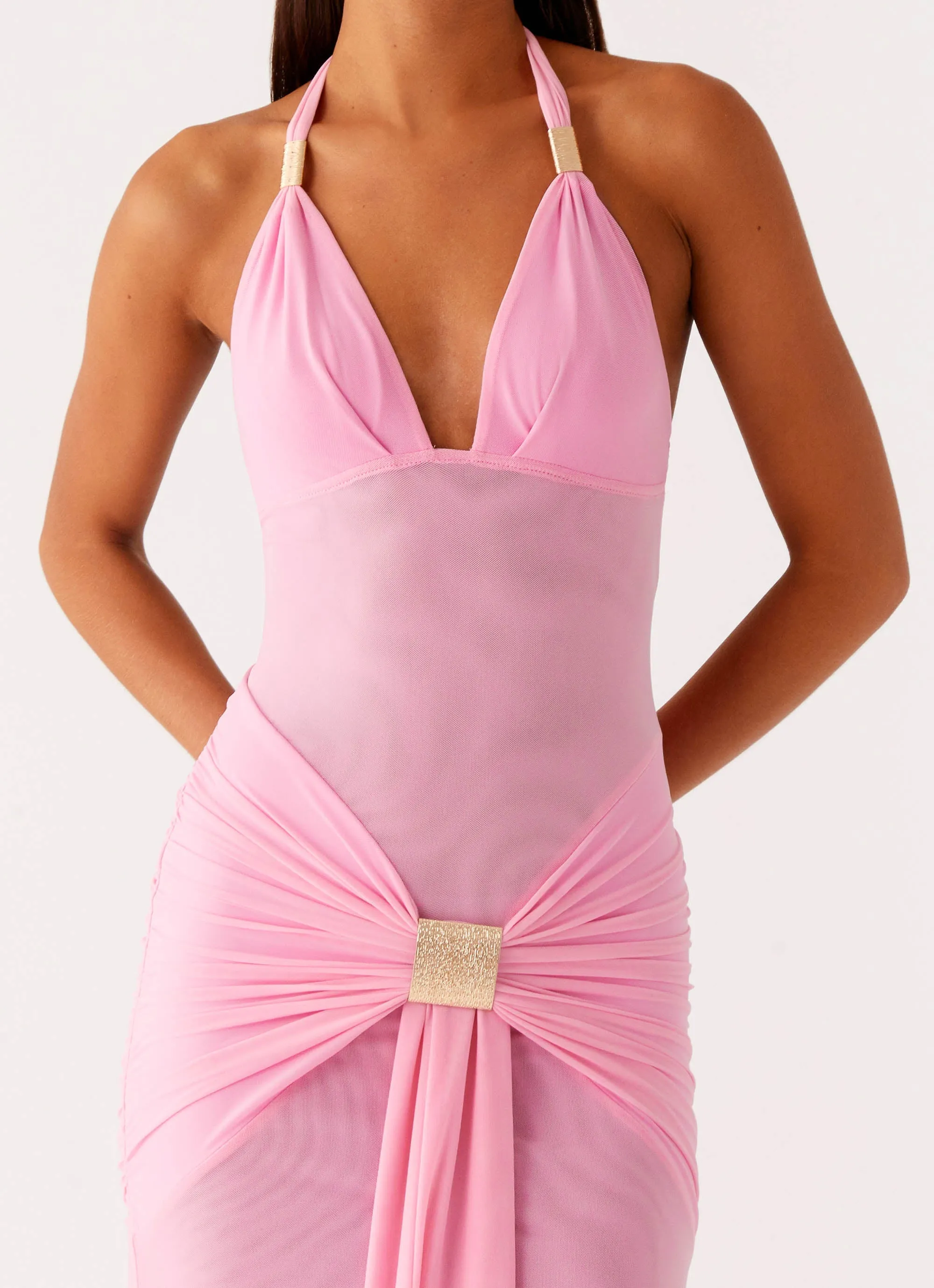 Calm Texture Applique-Detail Miyah Halter Hardware Maxi Dress - Baby Pink