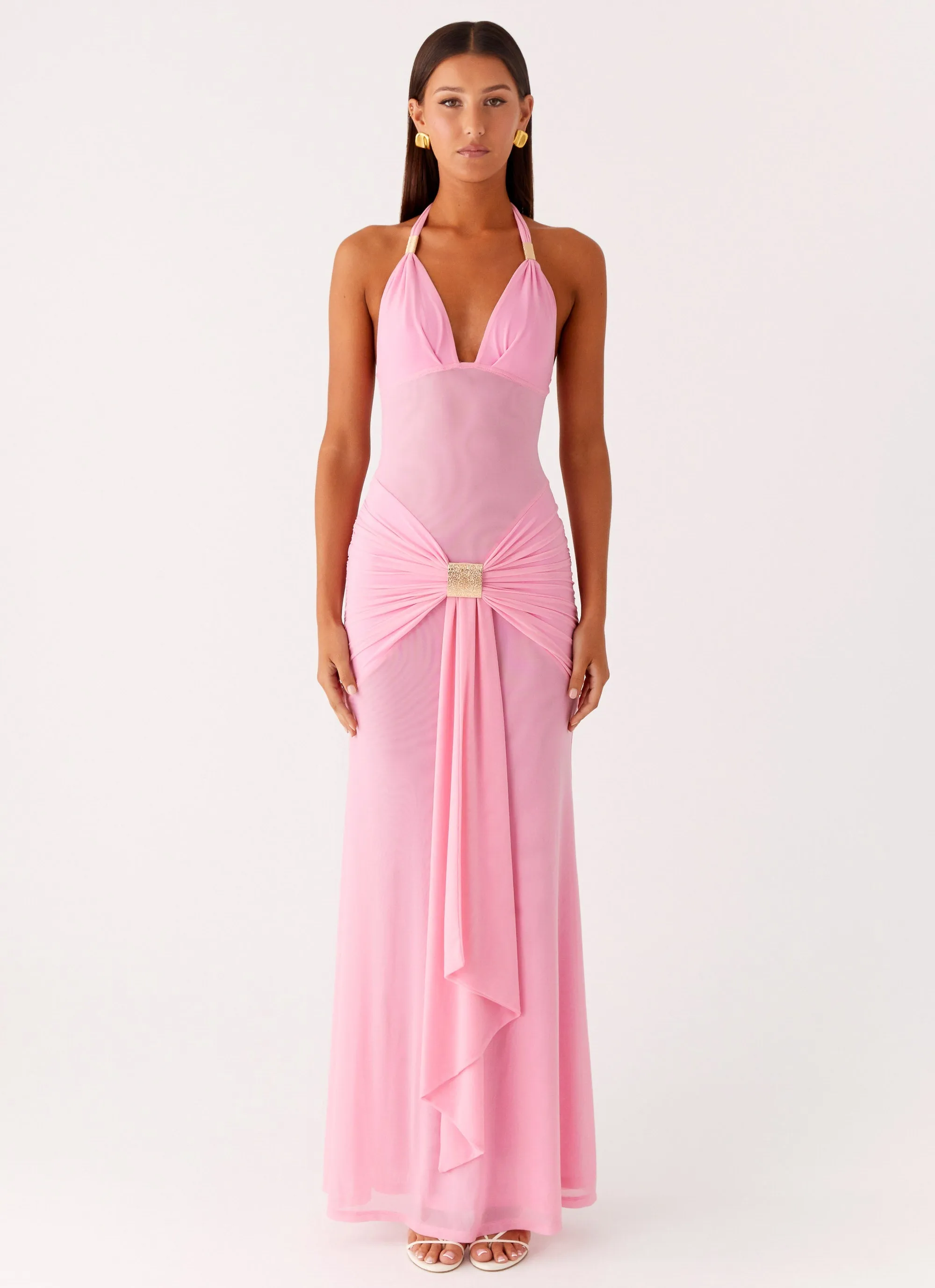 All Fitwear Fitted Design Miyah Halter Hardware Maxi Dress - Baby Pink