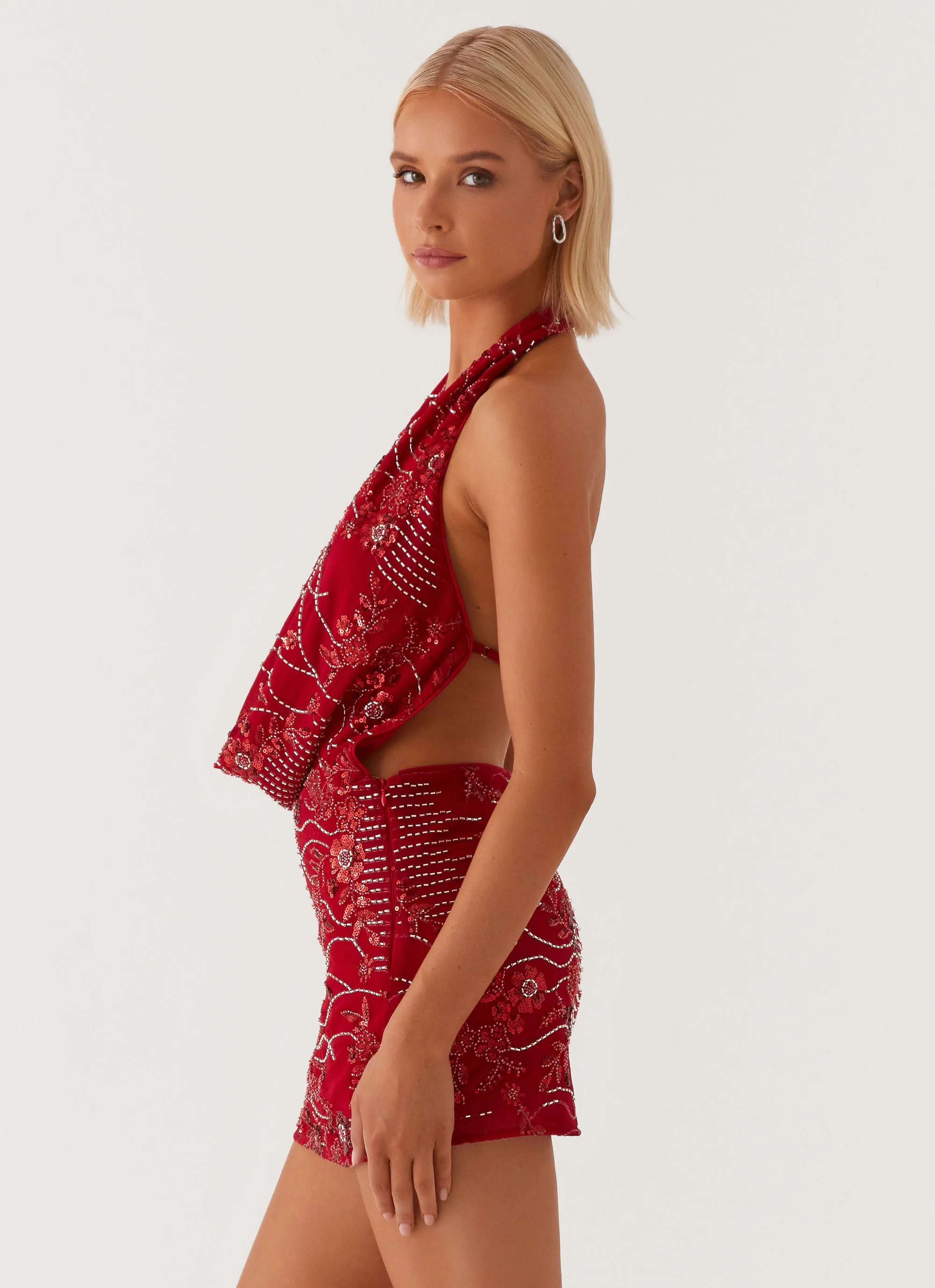 Refined Style Fresh Mood Olisa Cowl Neck Beaded Mini Dress - Red