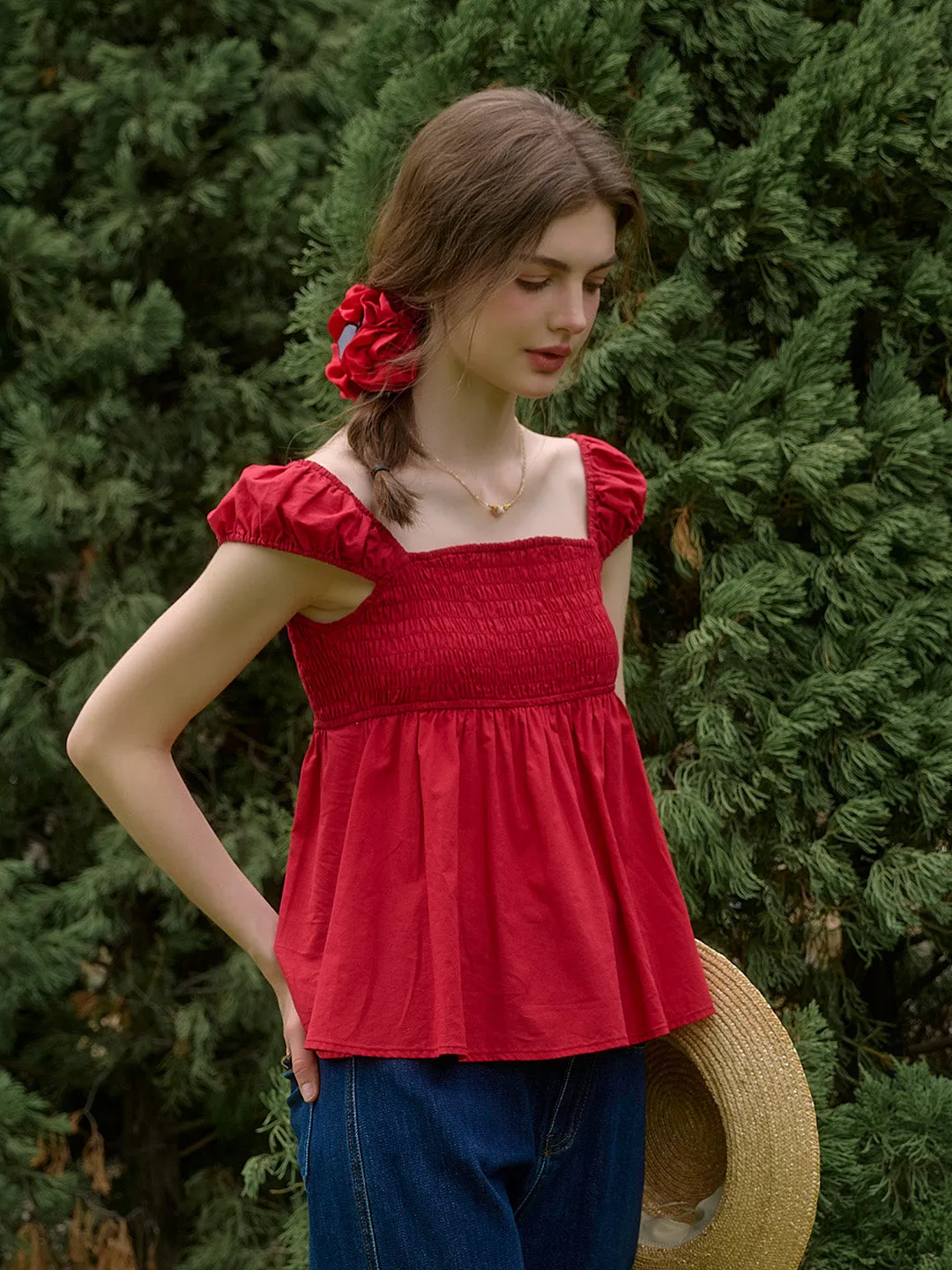 ??Final Sale??Riley?Square?Neck?Puff?Sleeves?100%?Cotton?Blouse Warm Layer HighDensityFoam