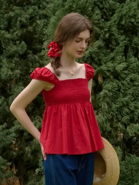 Natural Fiber Blend Elastic Edge Binding ??Final Sale??Riley?Square?Neck?Puff?Sleeves?100%?Cotton?Blouse